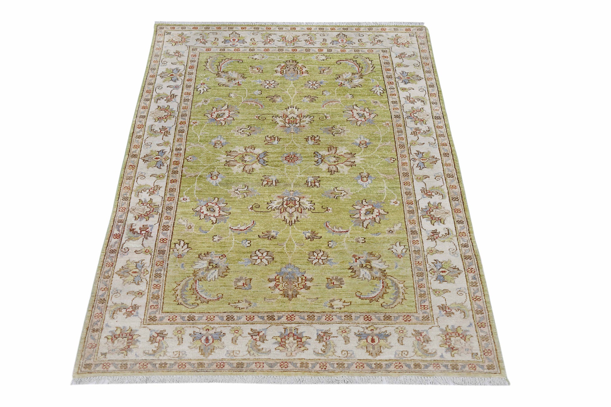 green & ivory premium handwoven pure wool chobrang rug, 3ft 10in x 6ft 0in