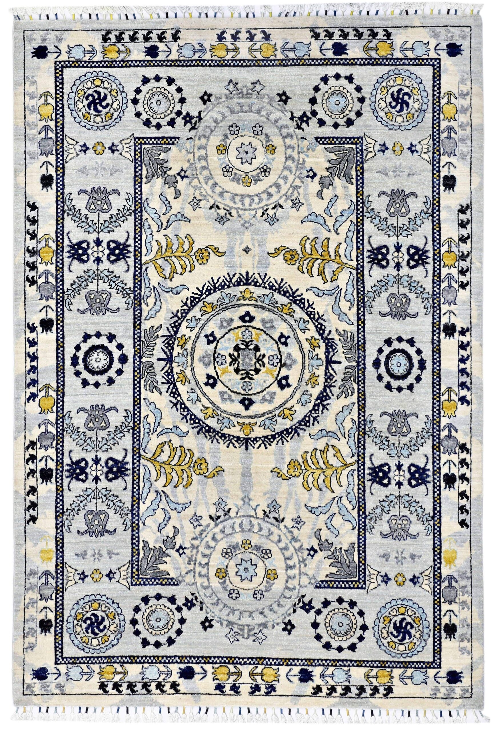 ivory & silver premium handwoven pure wool suzane rug, 5ft 6in x 7ft 11in
