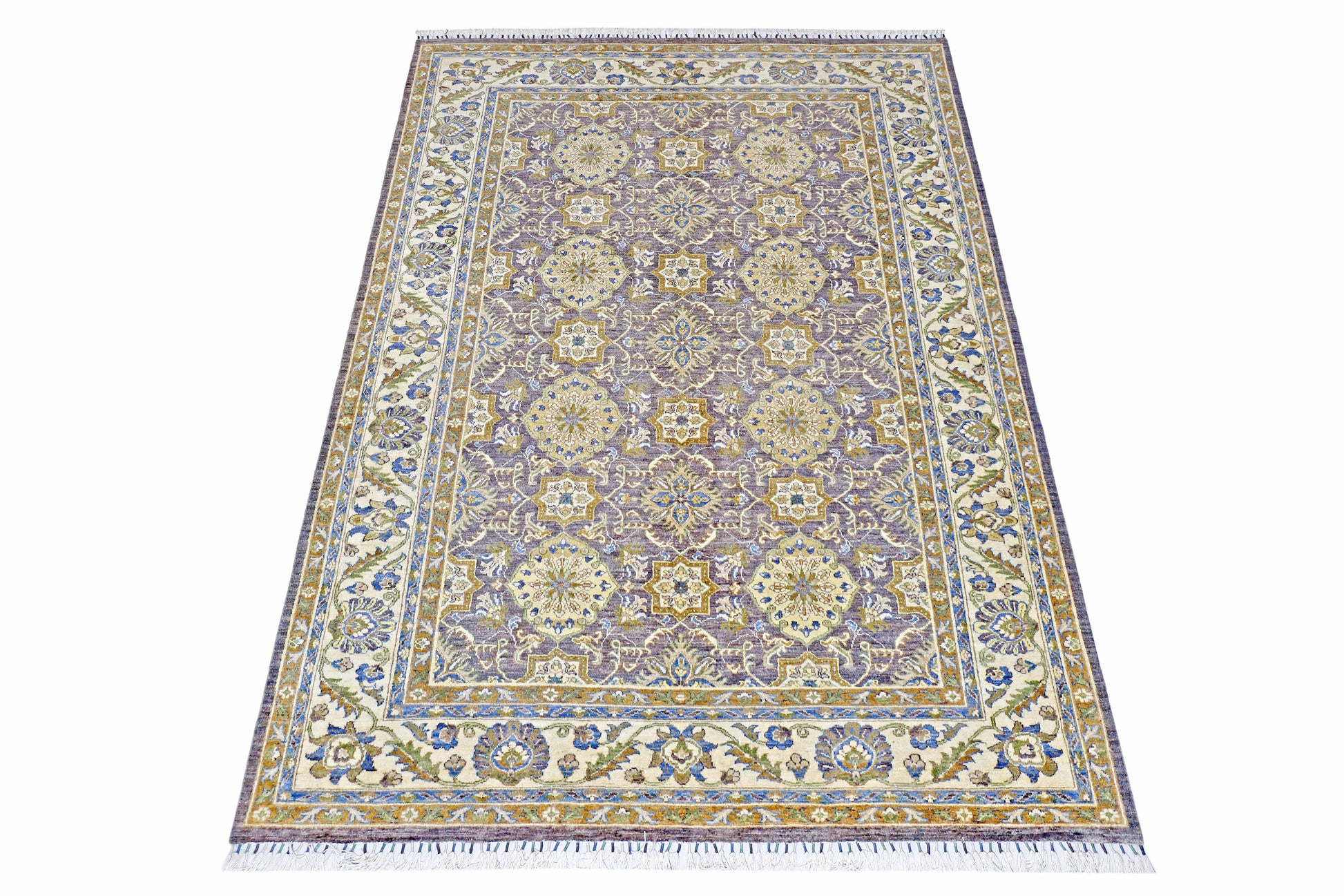 purple & ivory premium handwoven pure wool chobrang rug, 6ft 9in x 9ft 9in