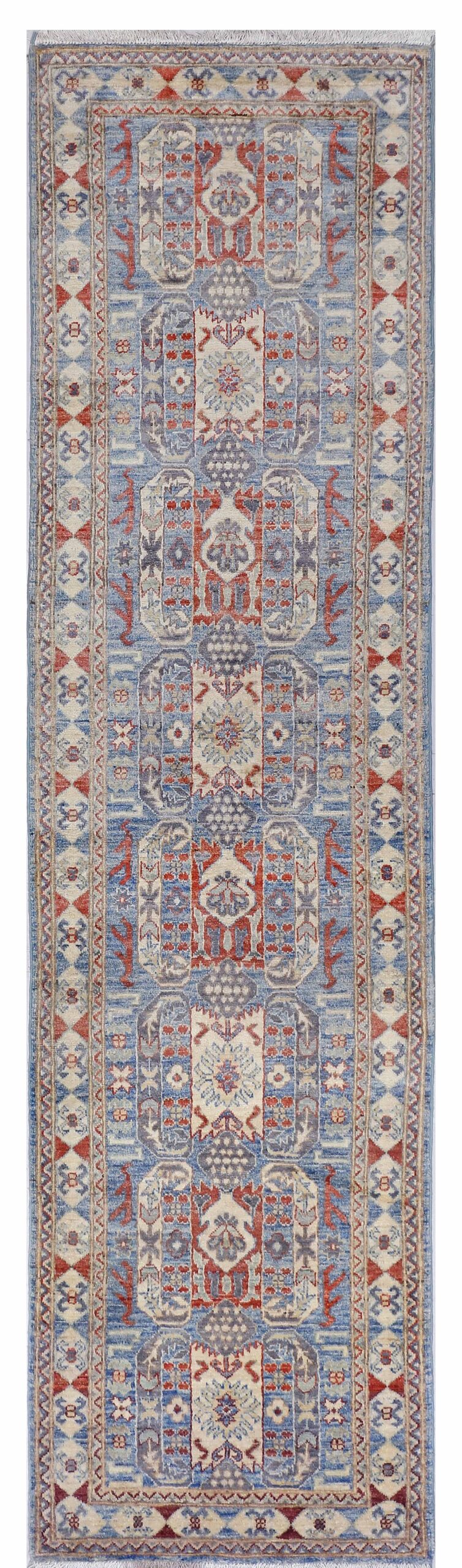 sky blue & ivory premium handwoven pure wool chobrang rug, 2ft 6in x 9ft 9in