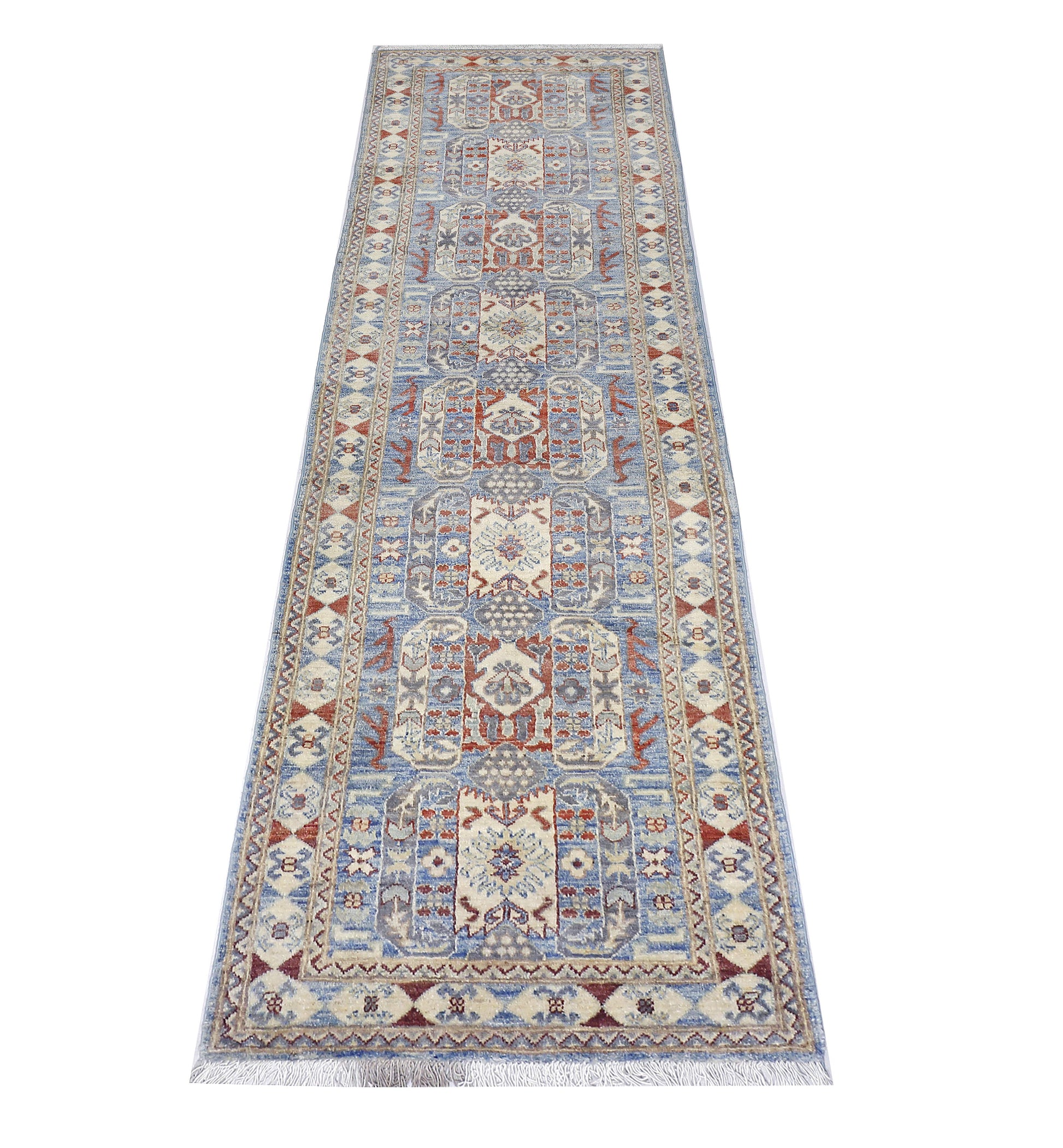 sky blue & ivory premium handwoven pure wool chobrang rug, 2ft 6in x 9ft 9in