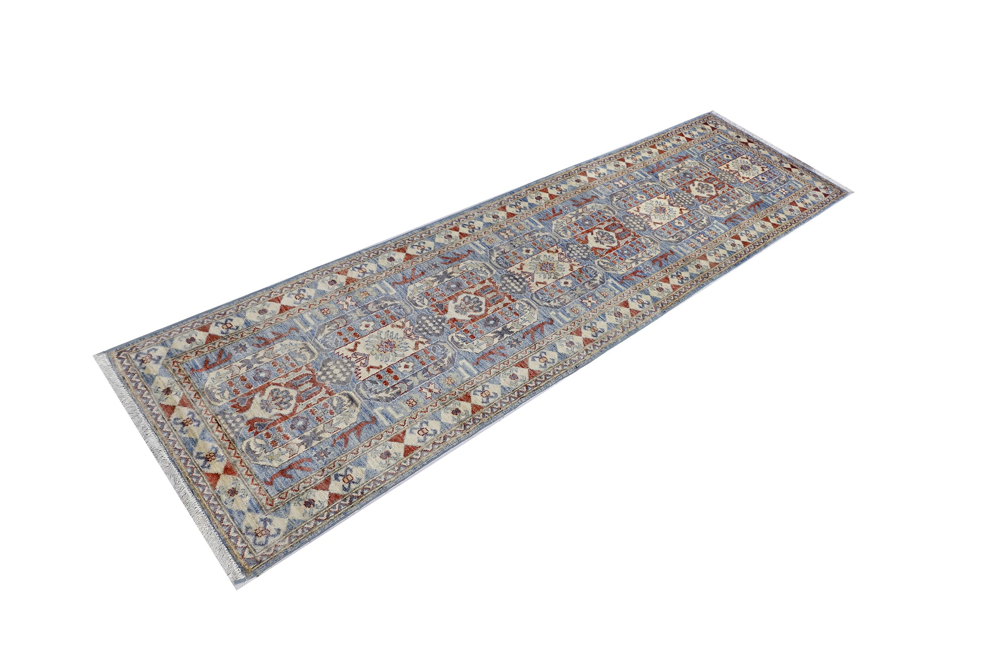sky blue & ivory premium handwoven pure wool chobrang rug, 2ft 6in x 9ft 9in