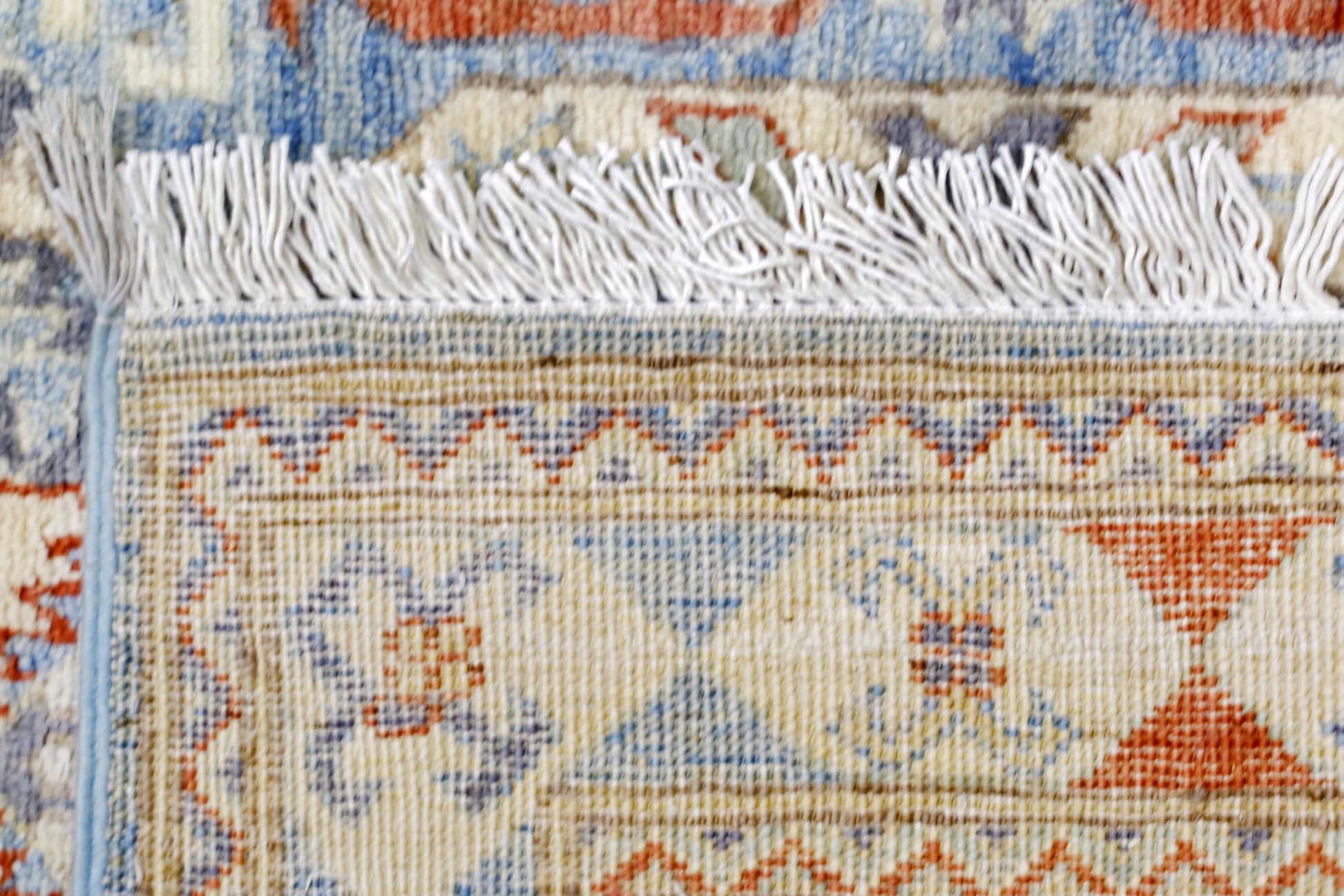 sky blue & ivory premium handwoven pure wool chobrang rug, 2ft 6in x 9ft 9in