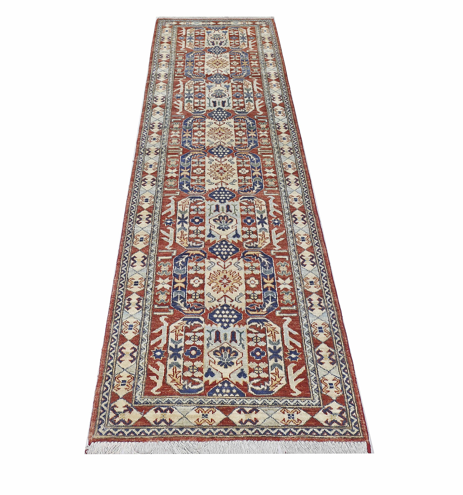 red & ivory premium handwoven pure wool chobrang rug, 2ft 8in x 9ft 11in