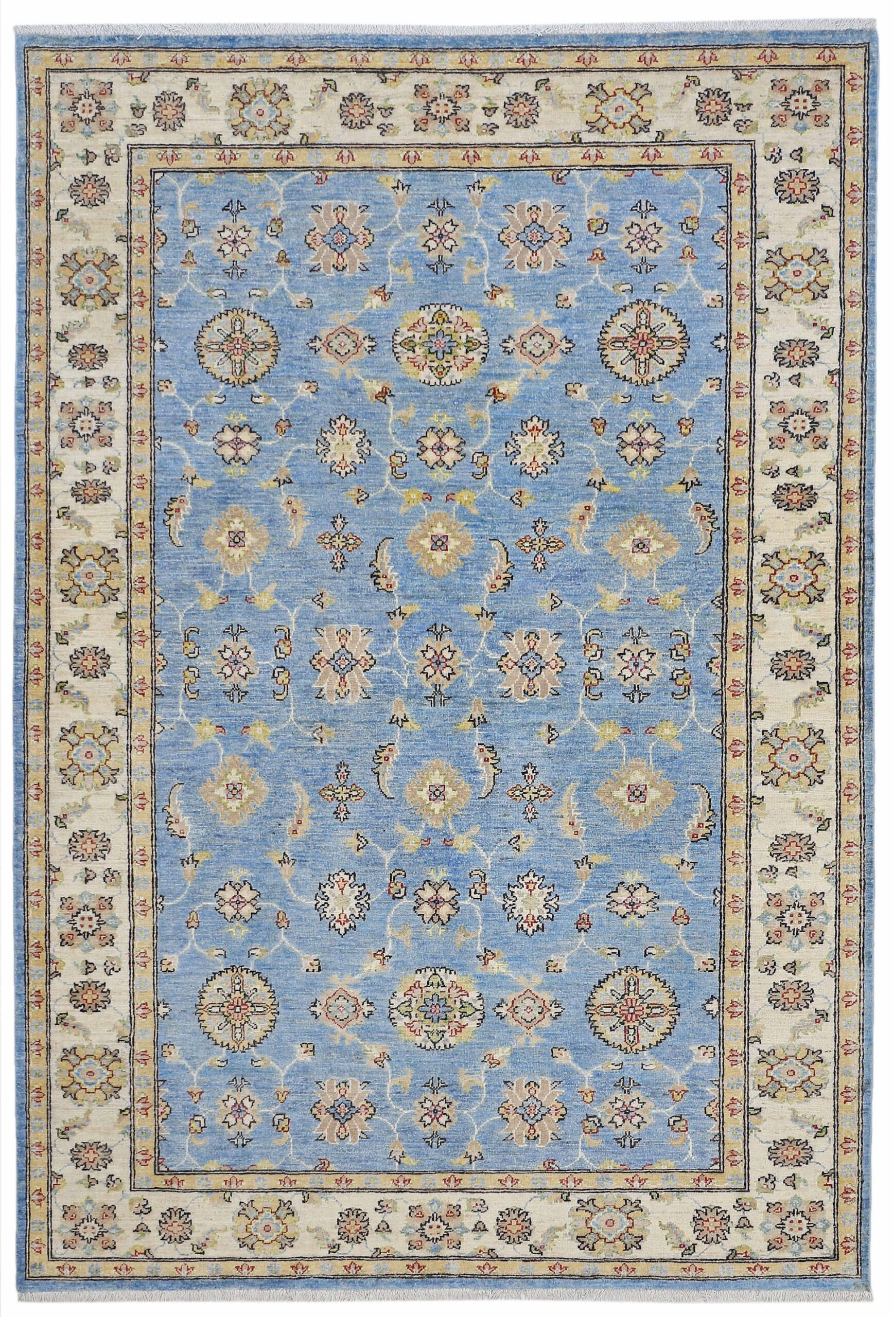 sky blue & ivory premium handwoven pure wool chobrang rug, 5ft 11in x 8ft 8in