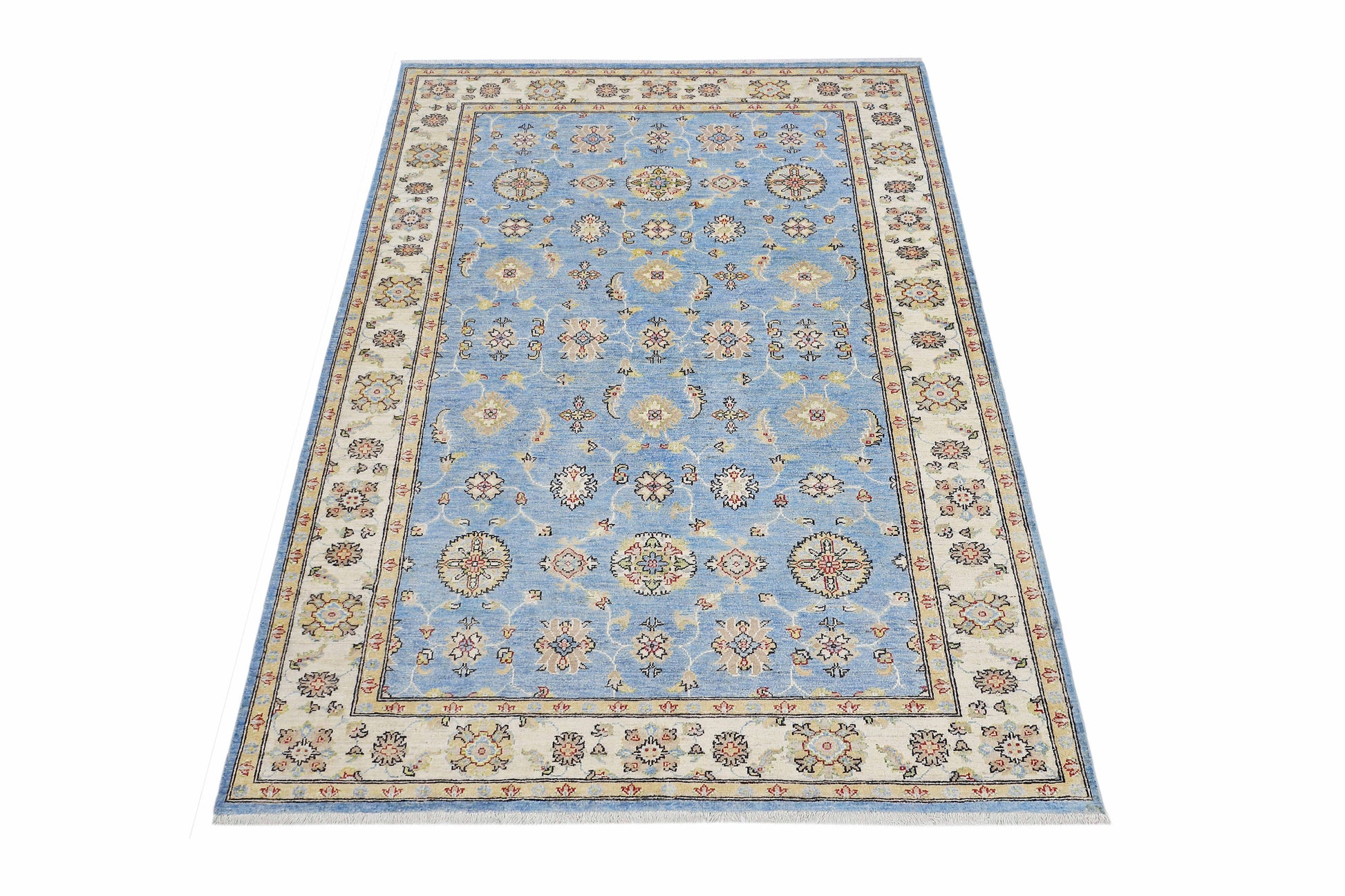 sky blue & ivory premium handwoven pure wool chobrang rug, 5ft 11in x 8ft 8in