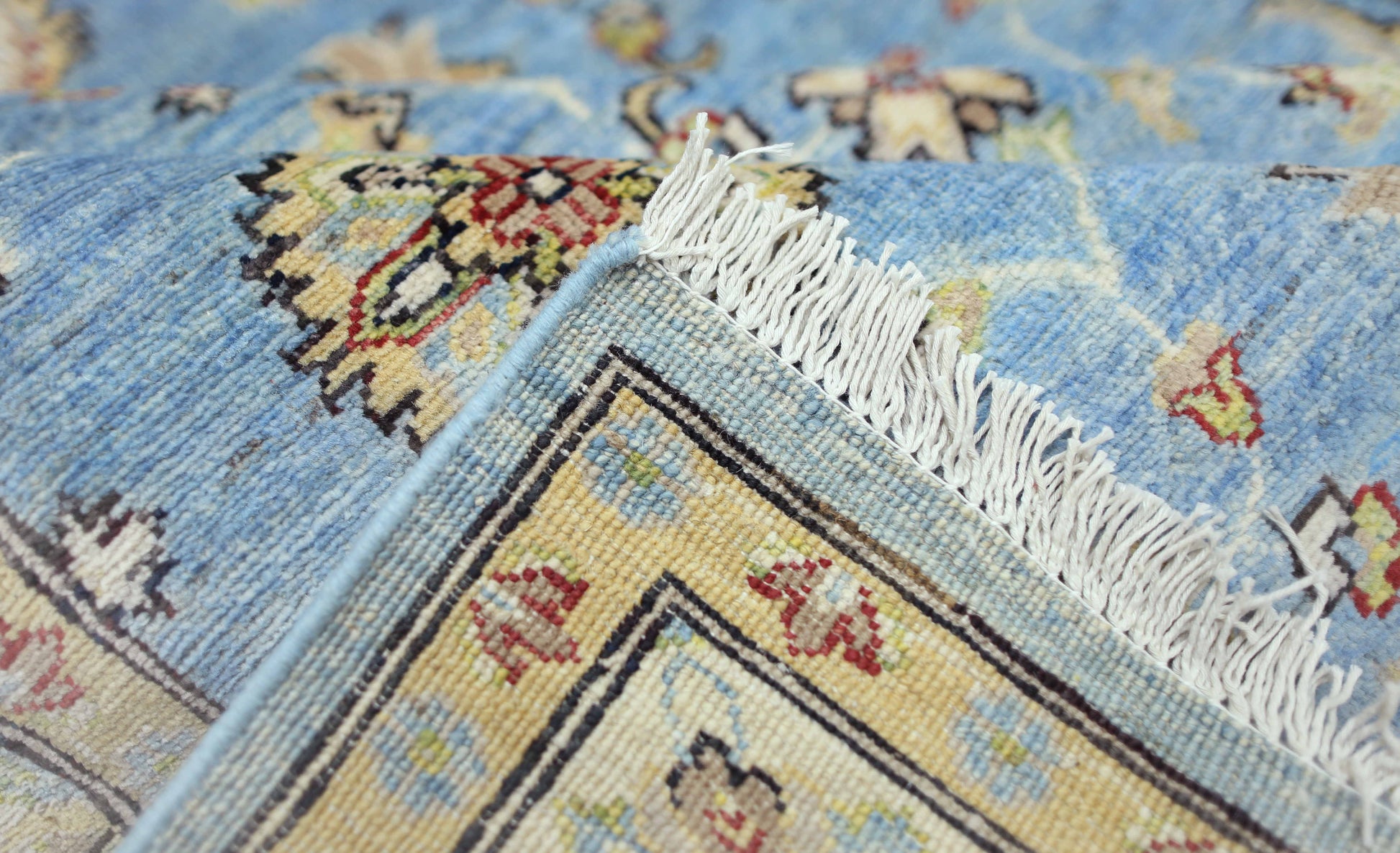 sky blue & ivory premium handwoven pure wool chobrang rug, 5ft 11in x 8ft 8in