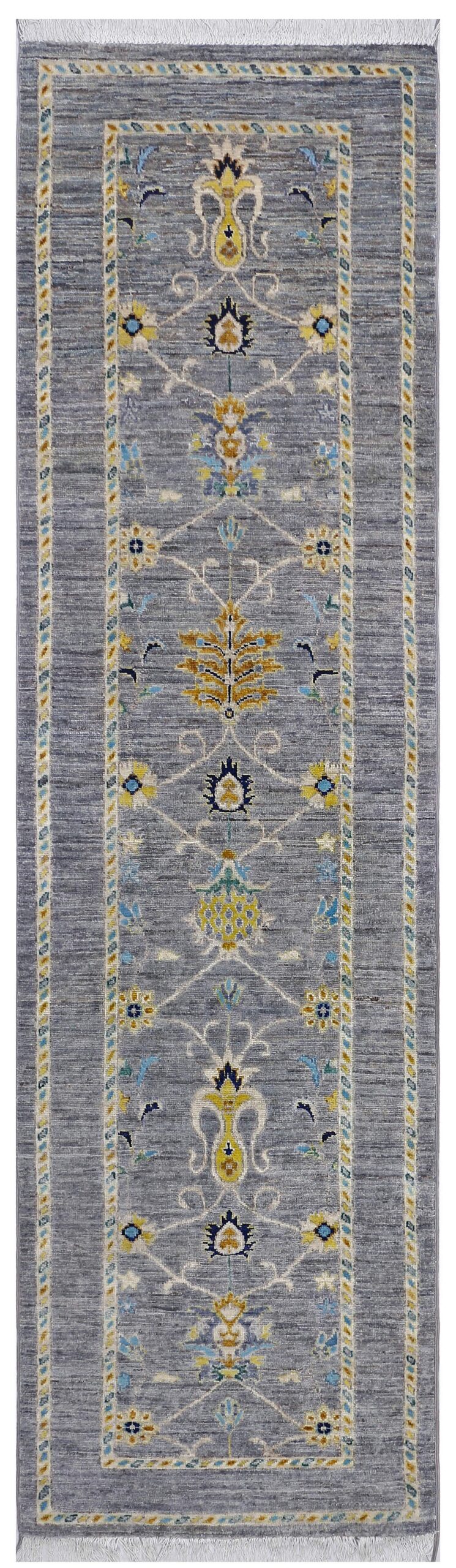 grey & yellow premium handwoven pure wool chobrang rug, 2ft 8in x 9ft 4in