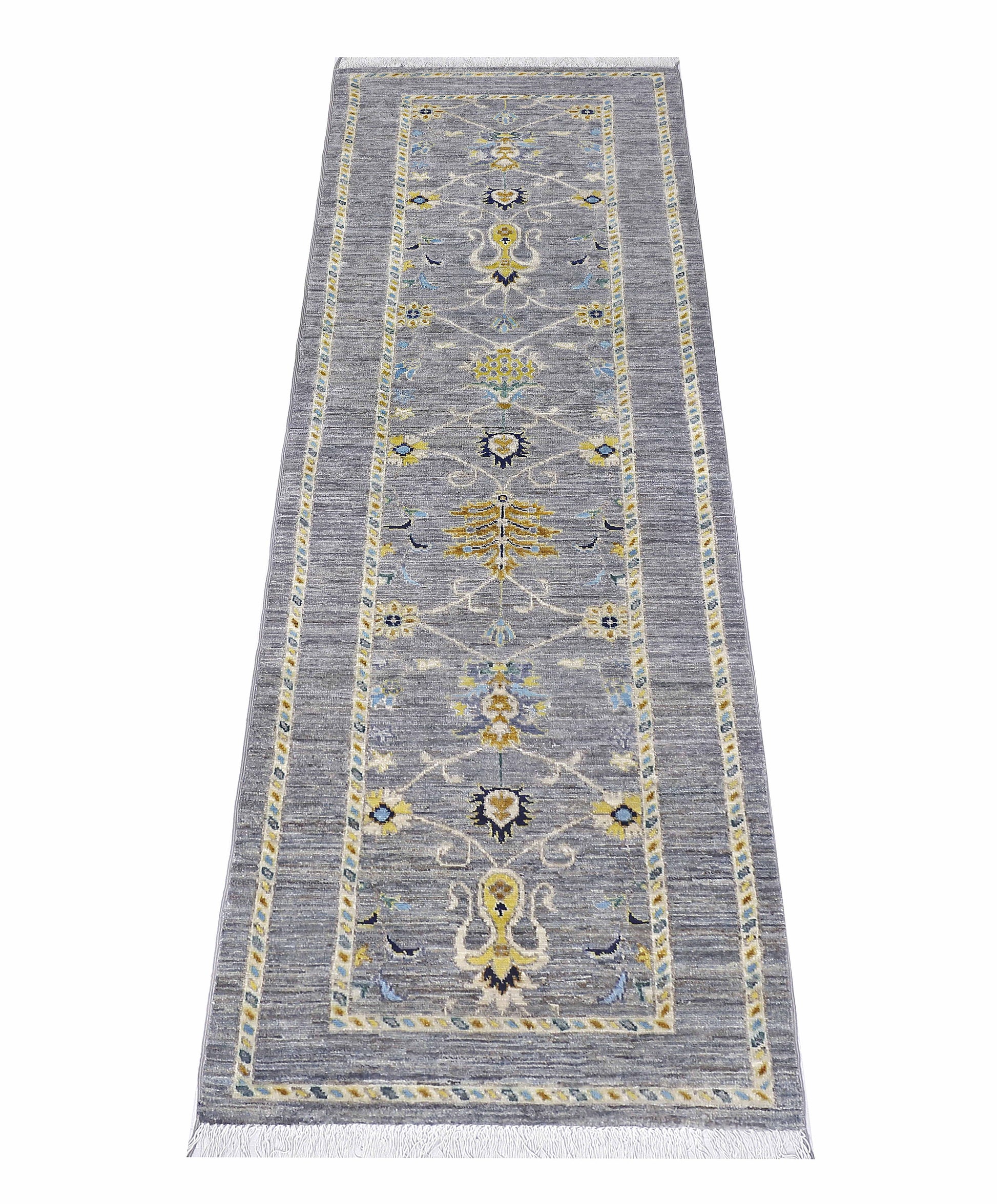 grey & yellow premium handwoven pure wool chobrang rug, 2ft 8in x 9ft 4in