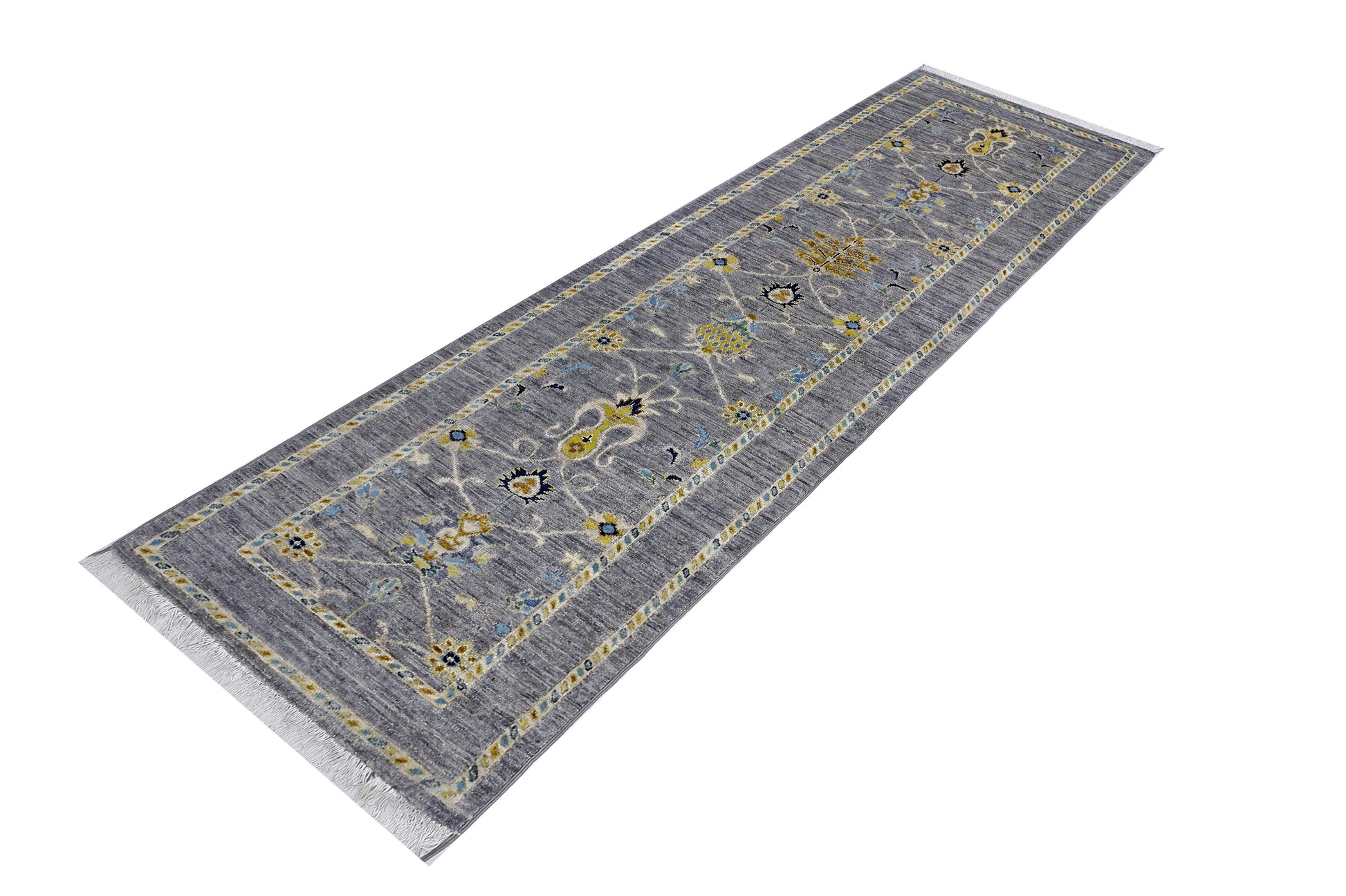 grey & yellow premium handwoven pure wool chobrang rug, 2ft 8in x 9ft 4in