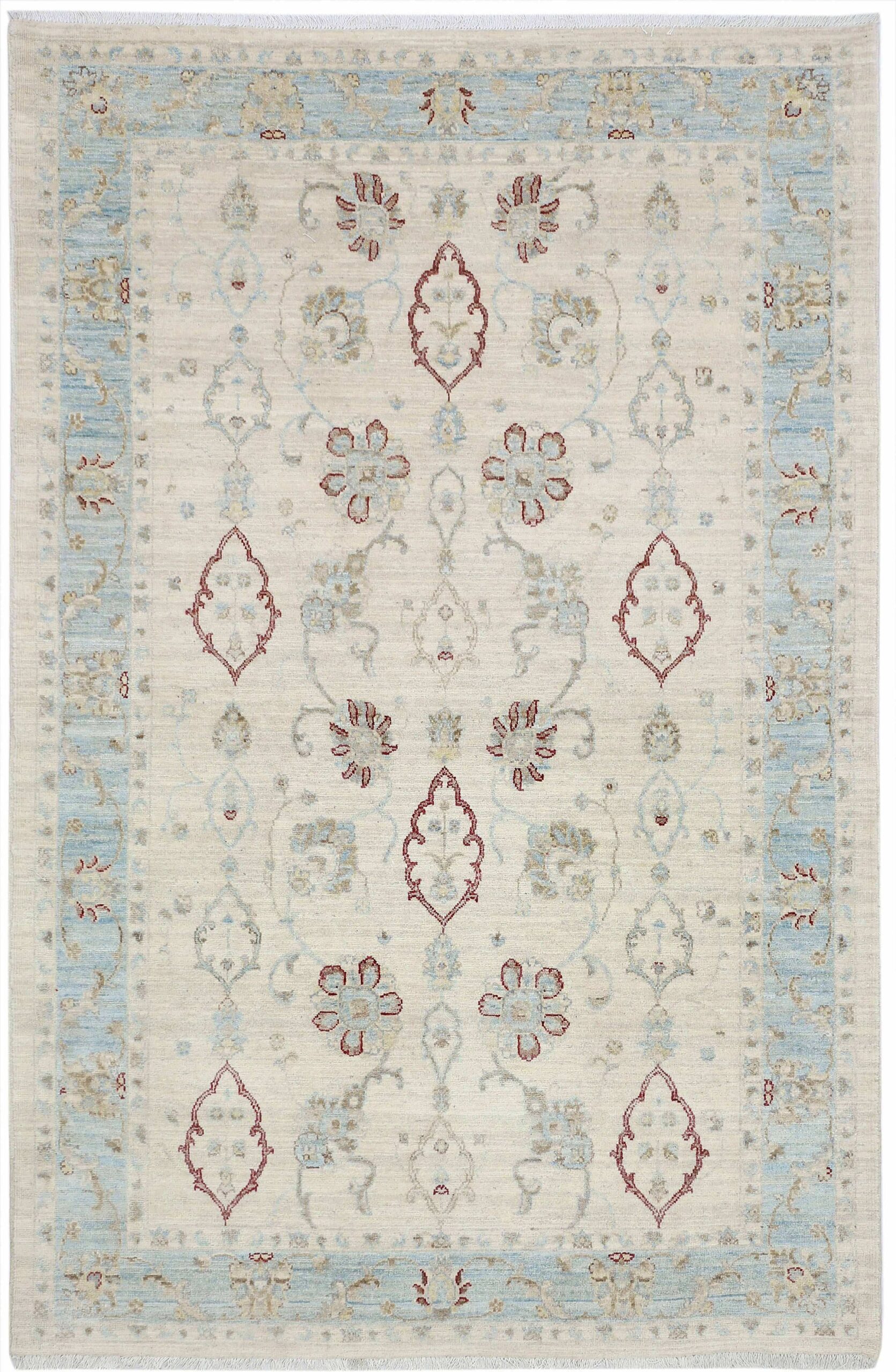ivory & sky blue premium handwoven pure wool chobrang rug, 5ft 10in x 9ft 0in