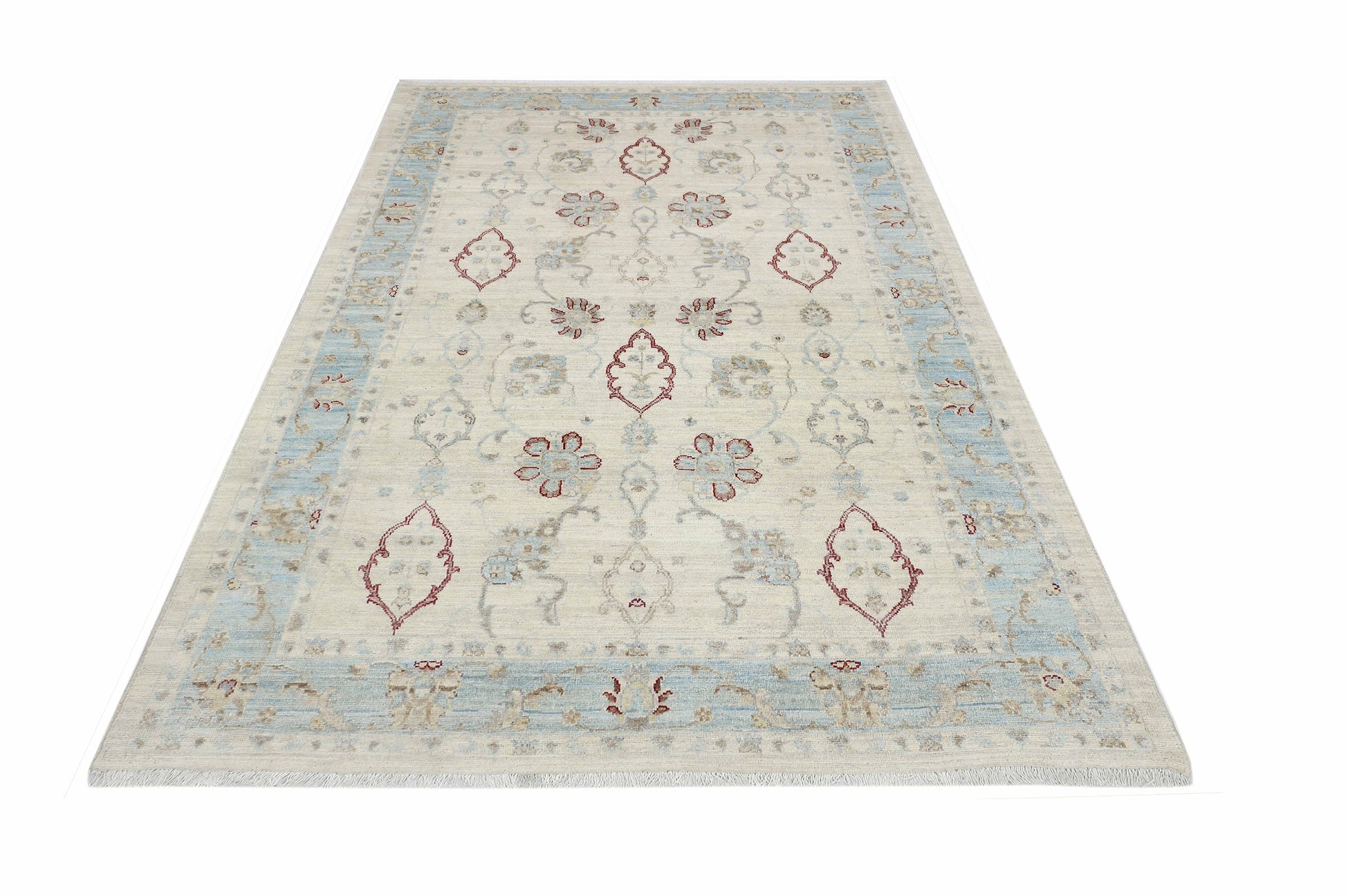 ivory & sky blue premium handwoven pure wool chobrang rug, 5ft 10in x 9ft 0in