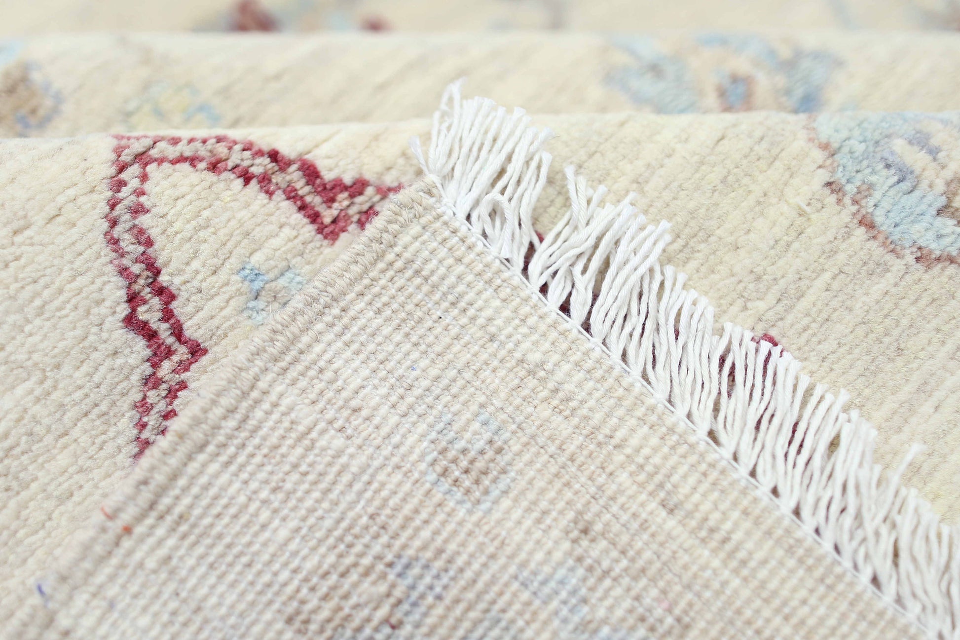 ivory & sky blue premium handwoven pure wool chobrang rug, 5ft 10in x 9ft 0in