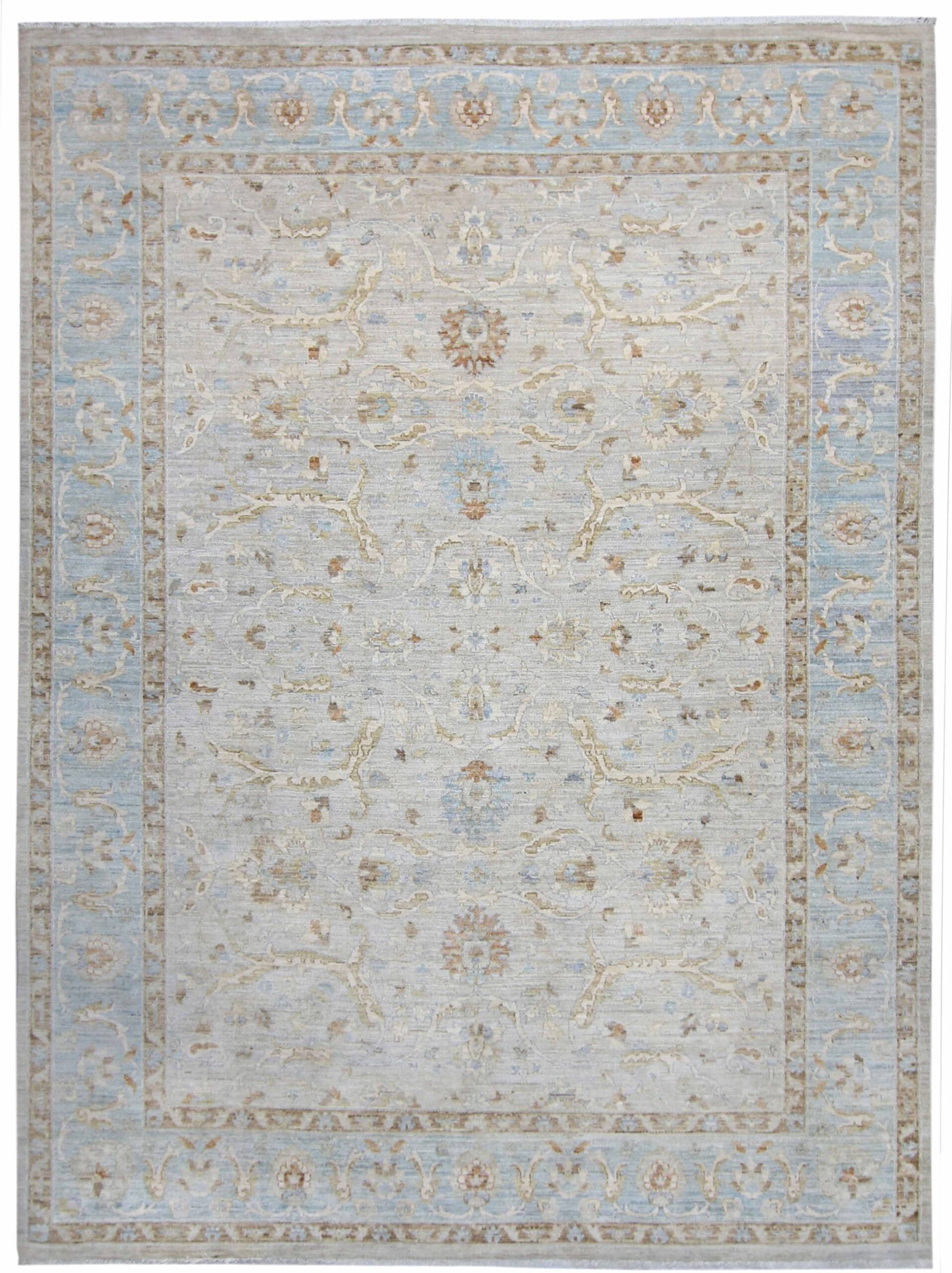 beige & blue premium handwoven pure wool chobrang rug, 9ft 1in x 12ft 0in