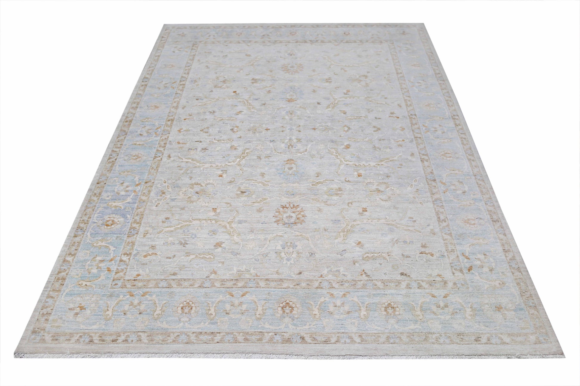 beige & blue premium handwoven pure wool chobrang rug, 9ft 1in x 12ft 0in