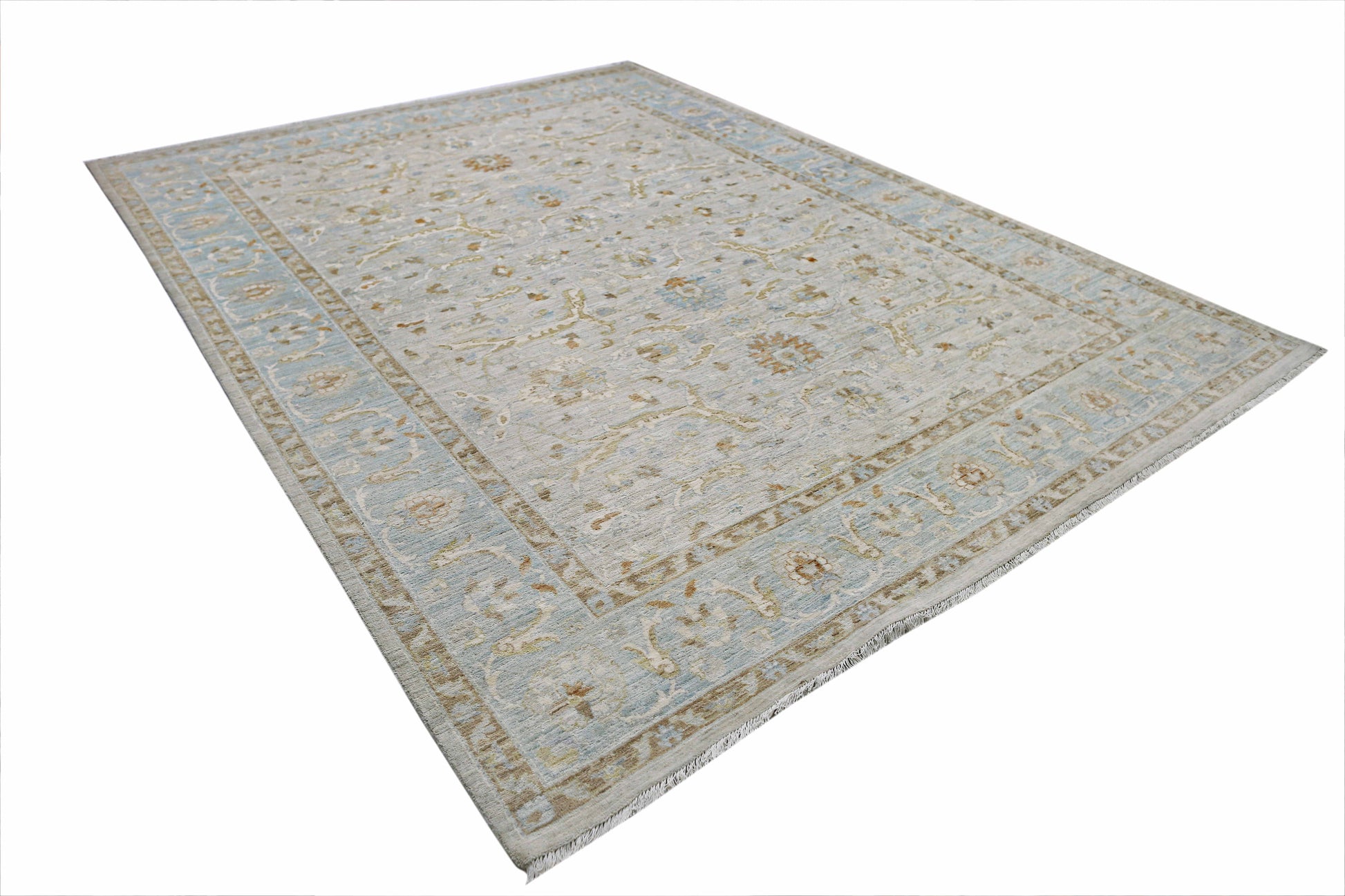 beige & blue premium handwoven pure wool chobrang rug, 9ft 1in x 12ft 0in