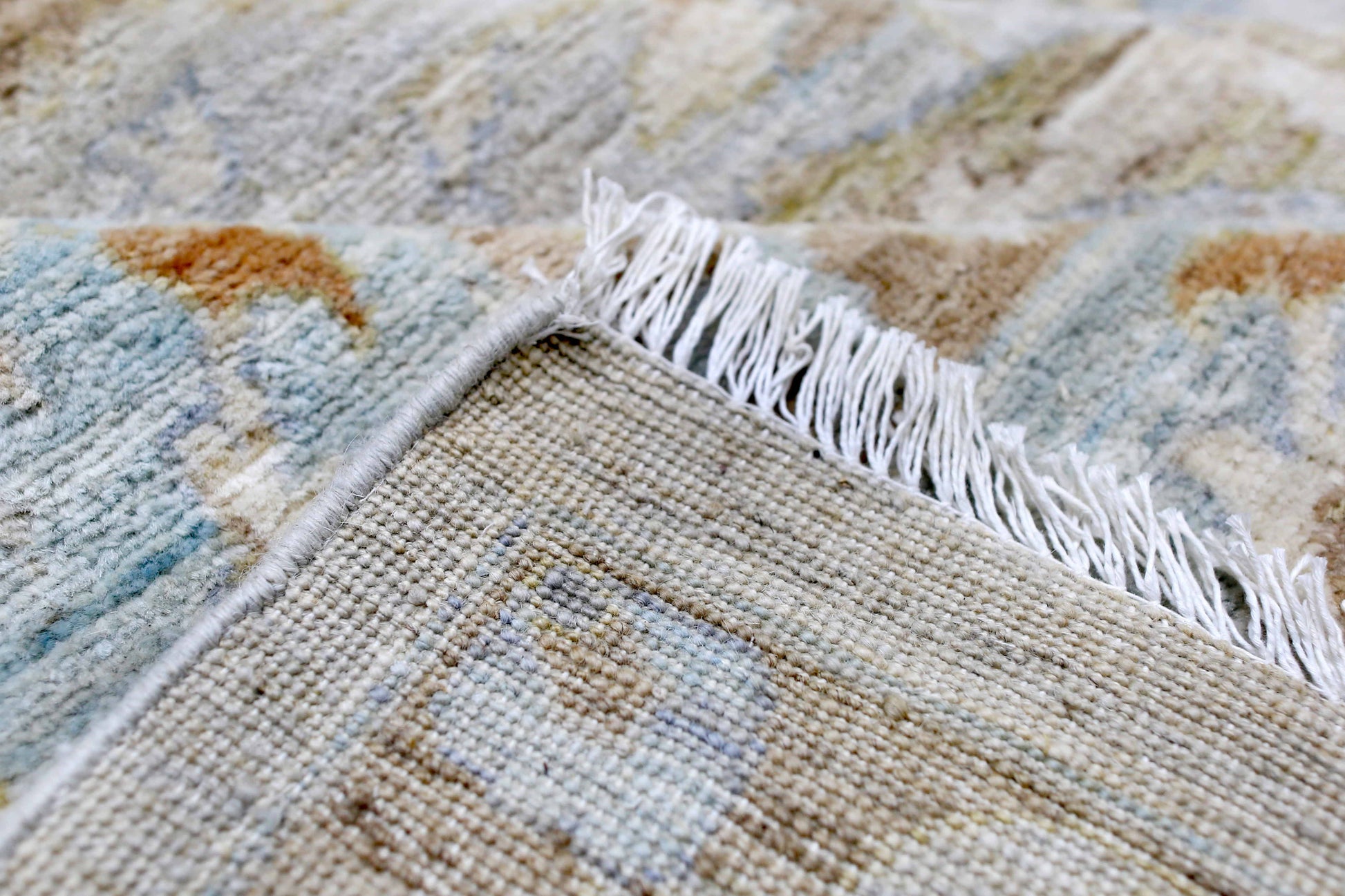 beige & blue premium handwoven pure wool chobrang rug, 9ft 1in x 12ft 0in