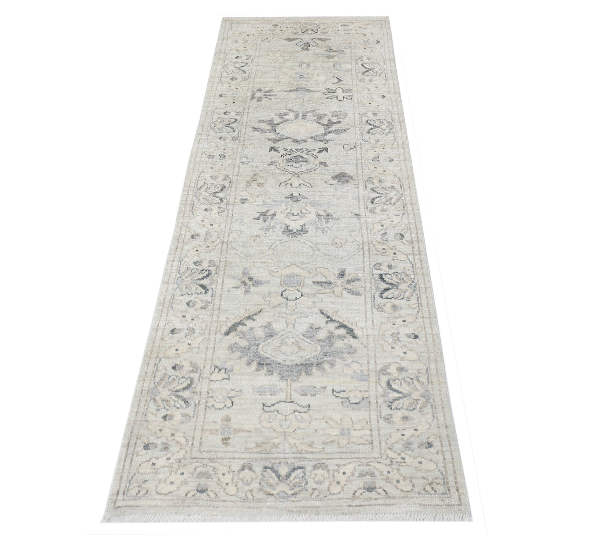 ivory & grey premium handwoven pure wool chobrang rug, 3ft 1in x 9ft 4in