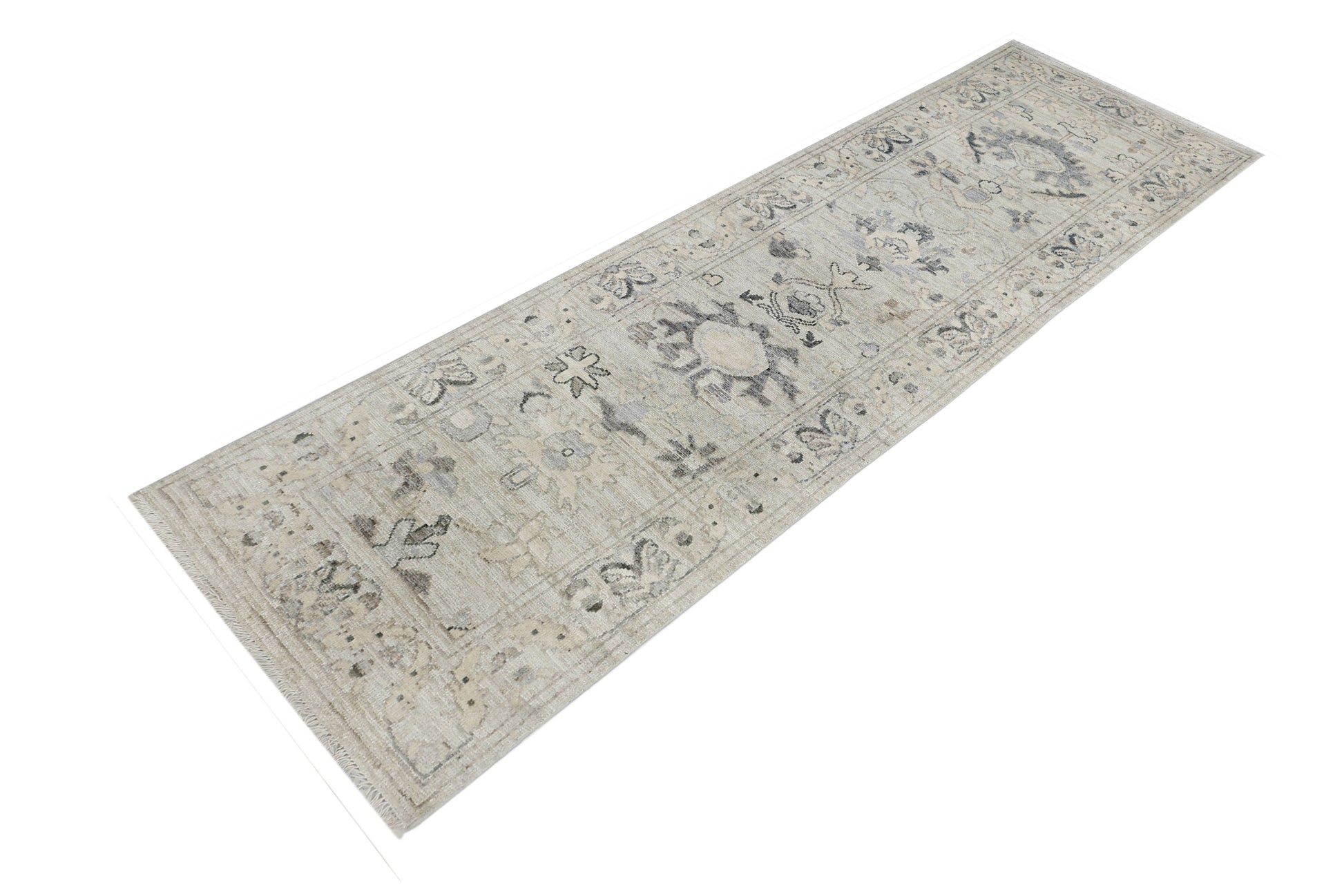 ivory & grey premium handwoven pure wool chobrang rug, 3ft 1in x 9ft 4in