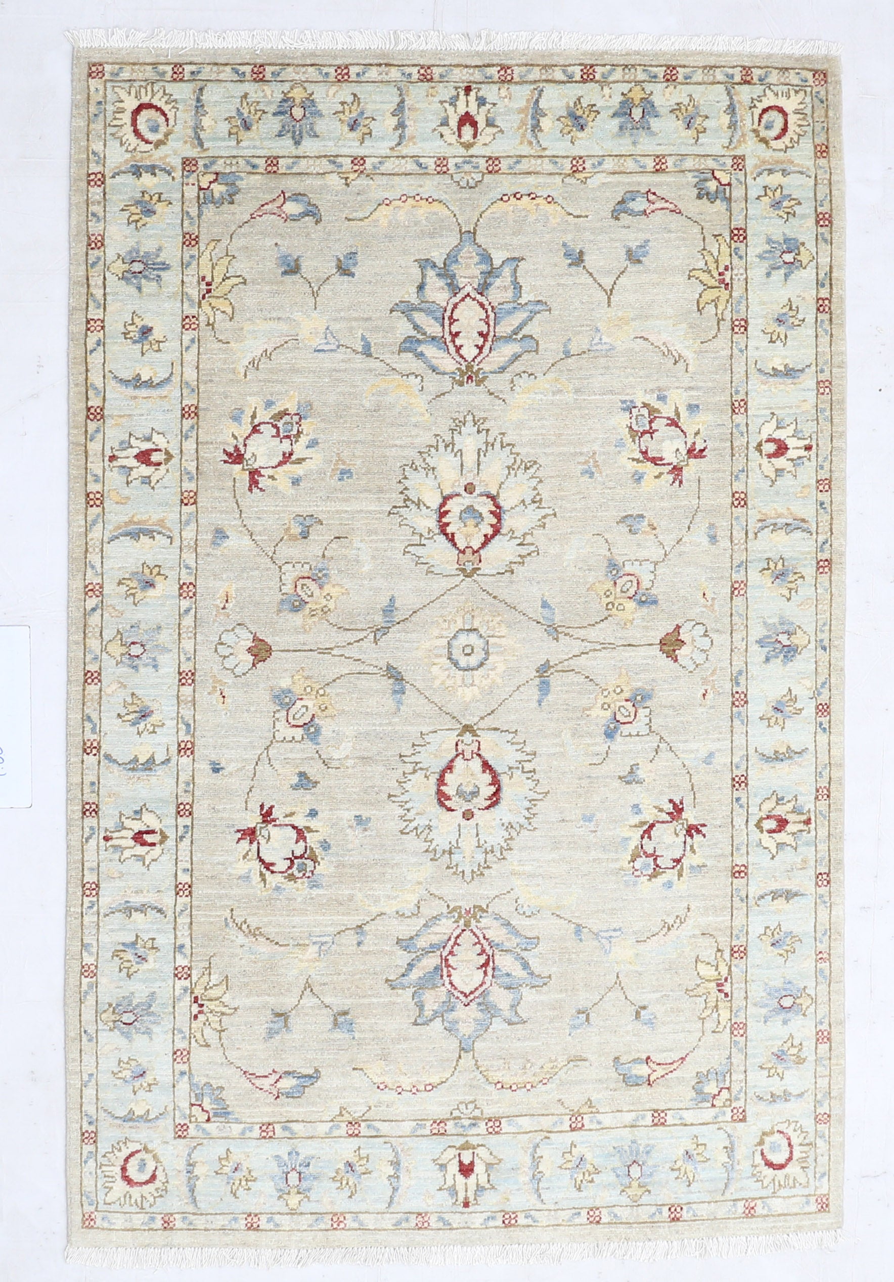 beige & sky blue premium handwoven pure wool chobrang rug, 4ft 0in x 6ft 1in