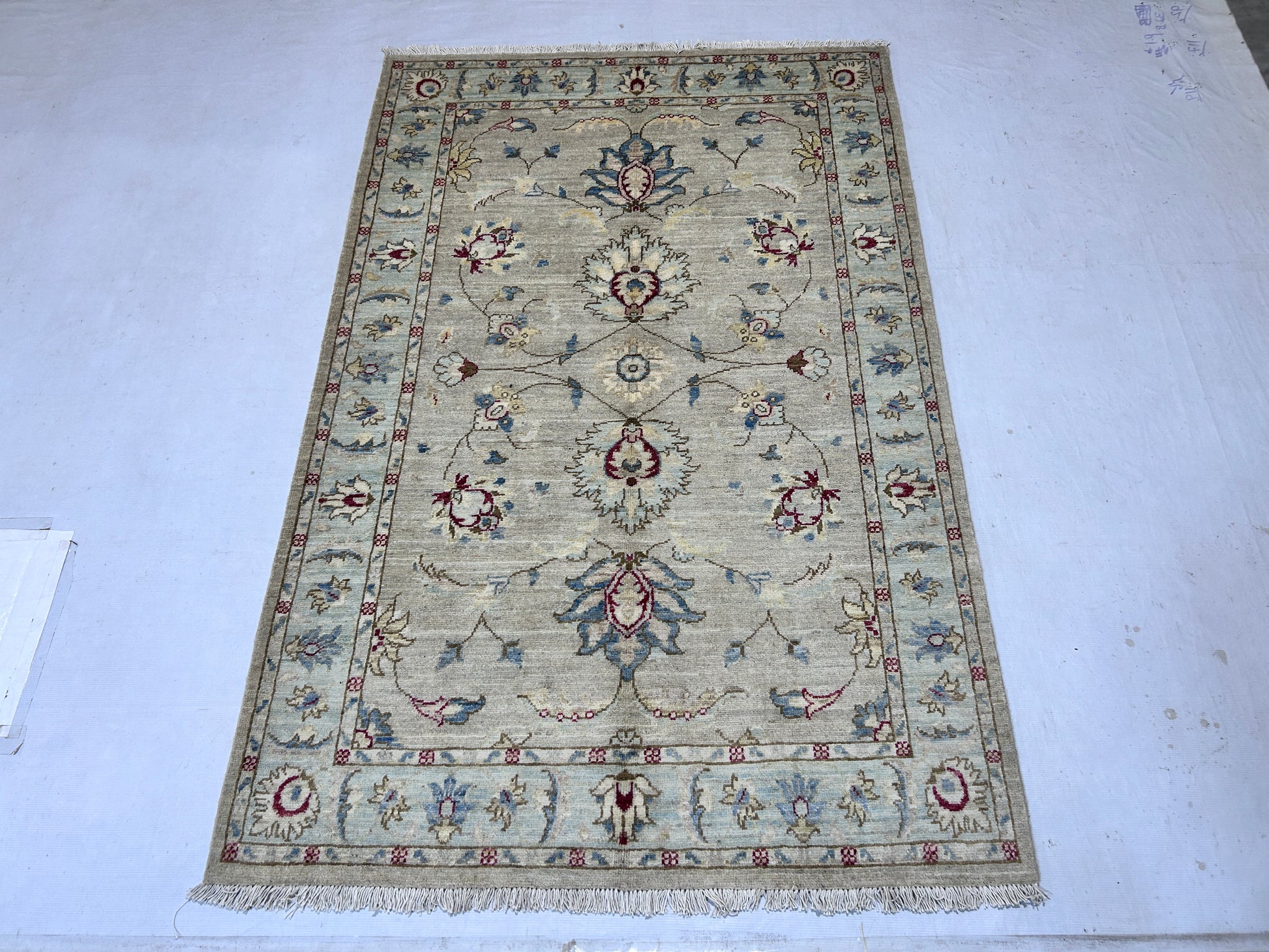 beige & sky blue premium handwoven pure wool chobrang rug, 4ft 0in x 6ft 1in