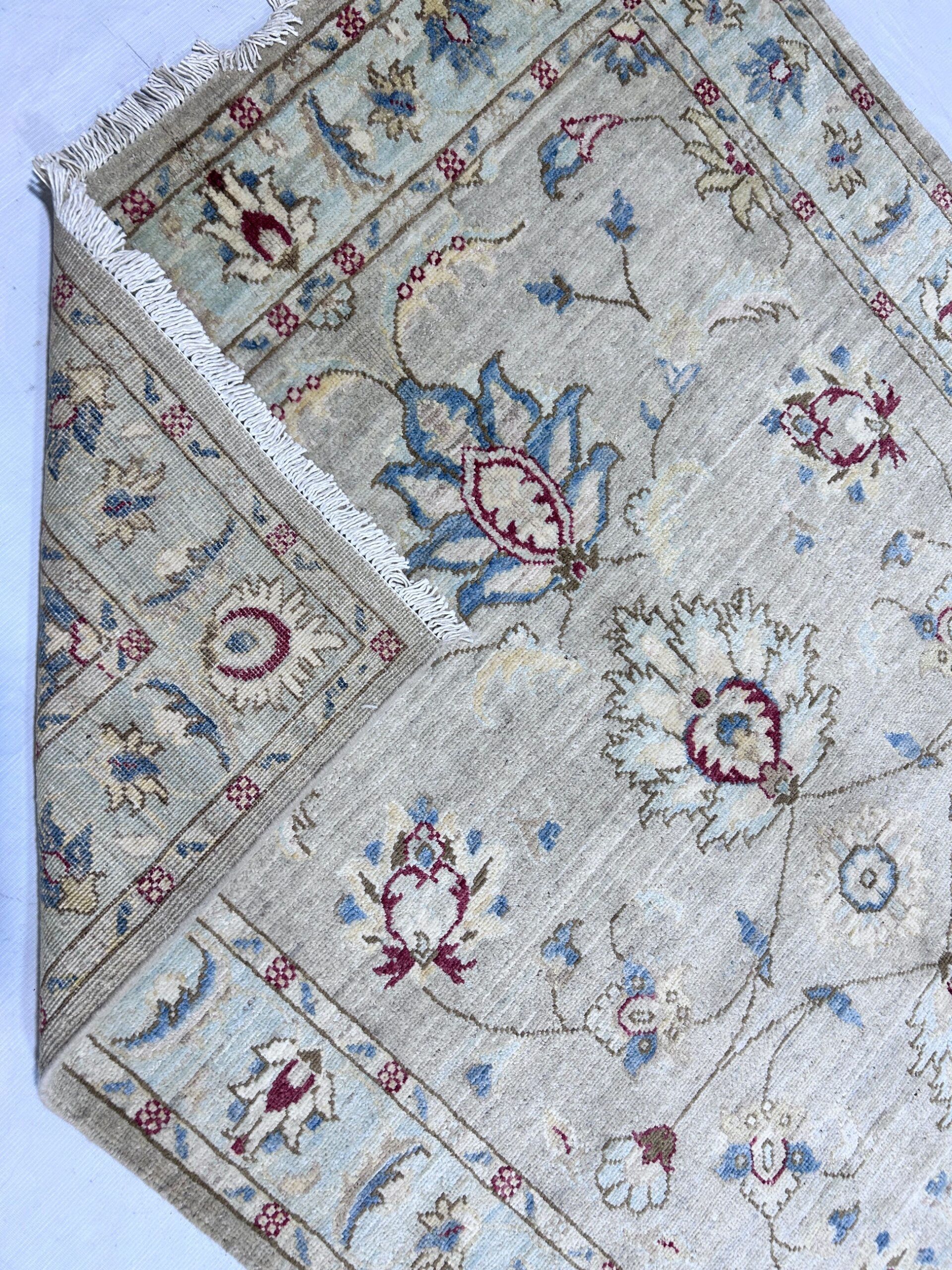 beige & sky blue premium handwoven pure wool chobrang rug, 4ft 0in x 6ft 1in