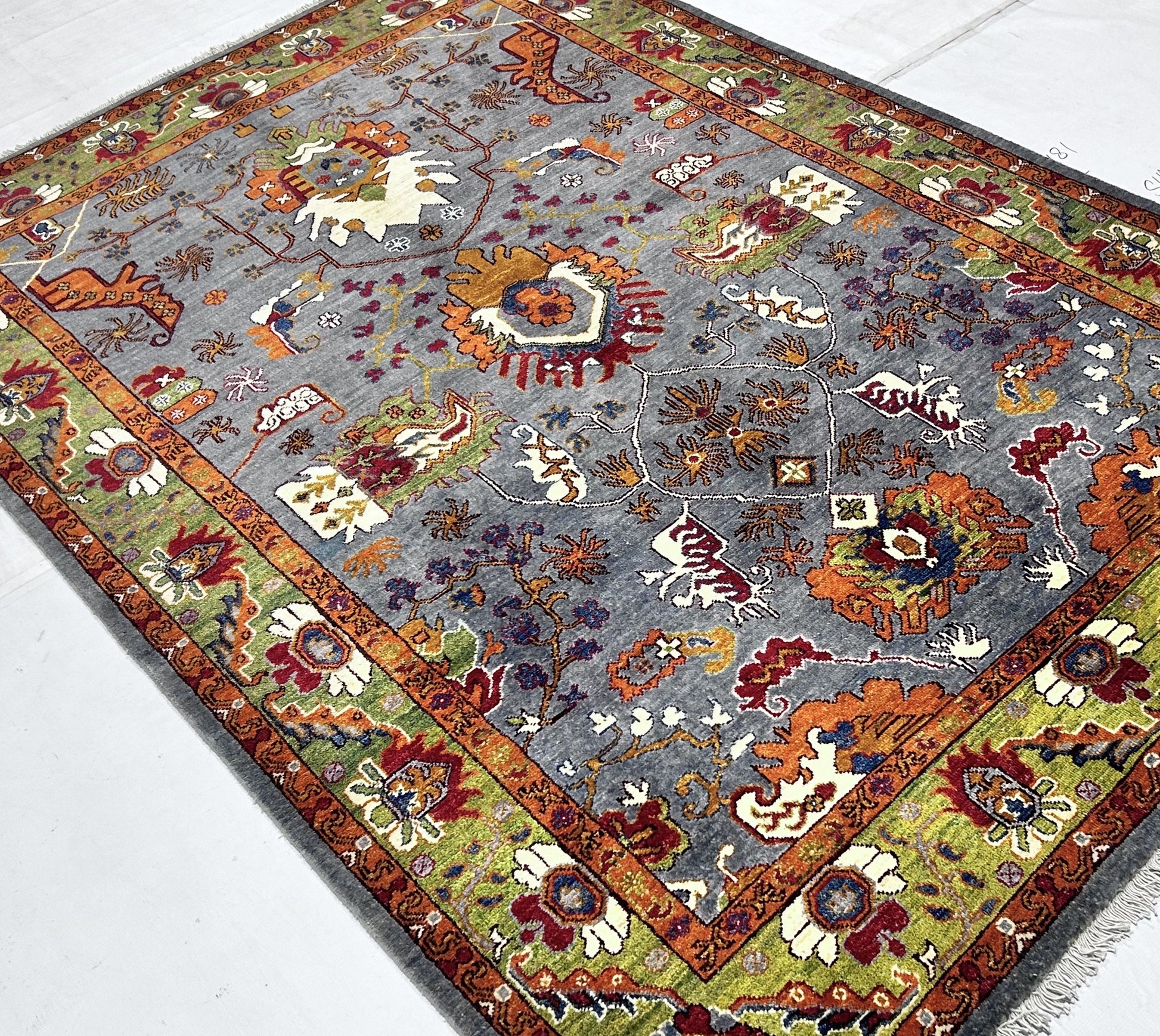 grey & green premium handwoven pure wool chobrang rug, 5ft 6in x 8ft 1in