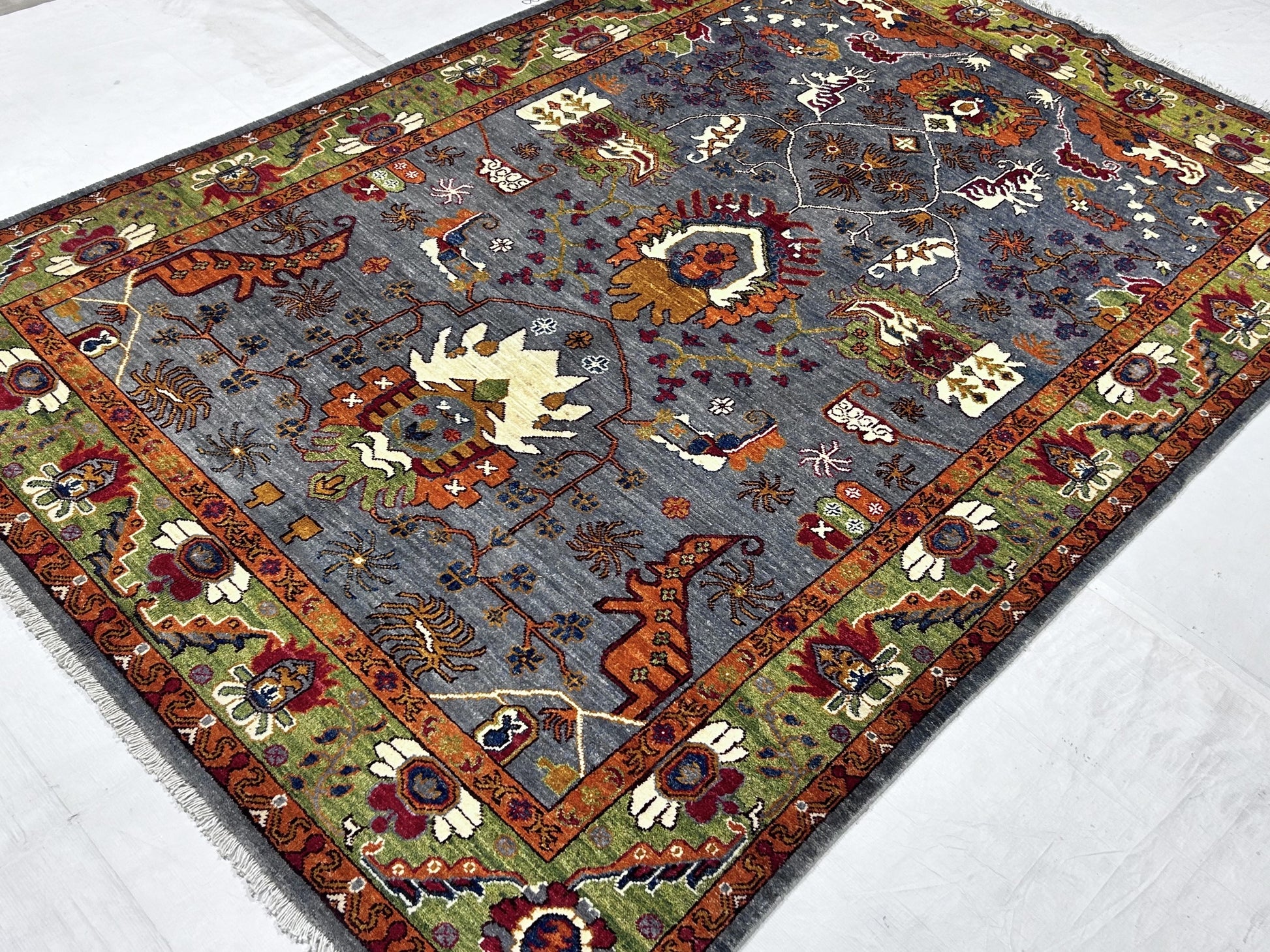 grey & green premium handwoven pure wool chobrang rug, 5ft 6in x 8ft 1in