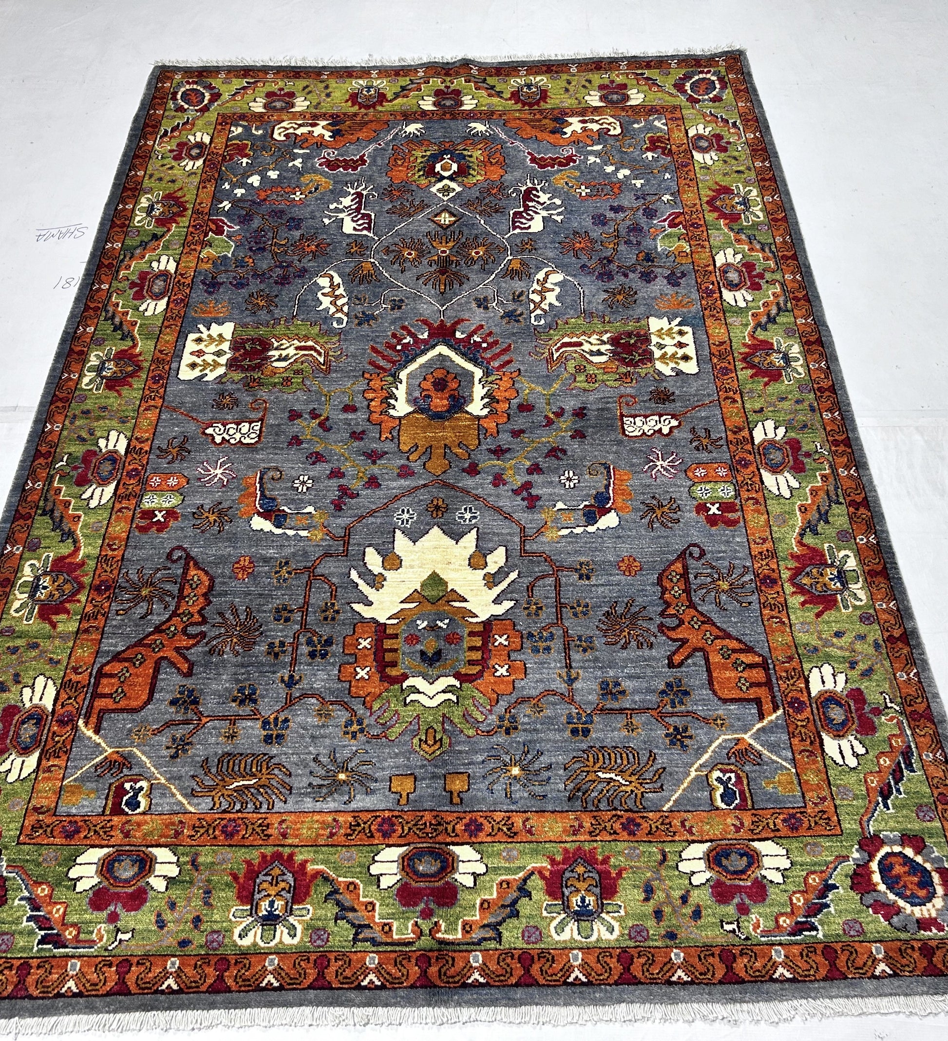 grey & green premium handwoven pure wool chobrang rug, 5ft 6in x 8ft 1in