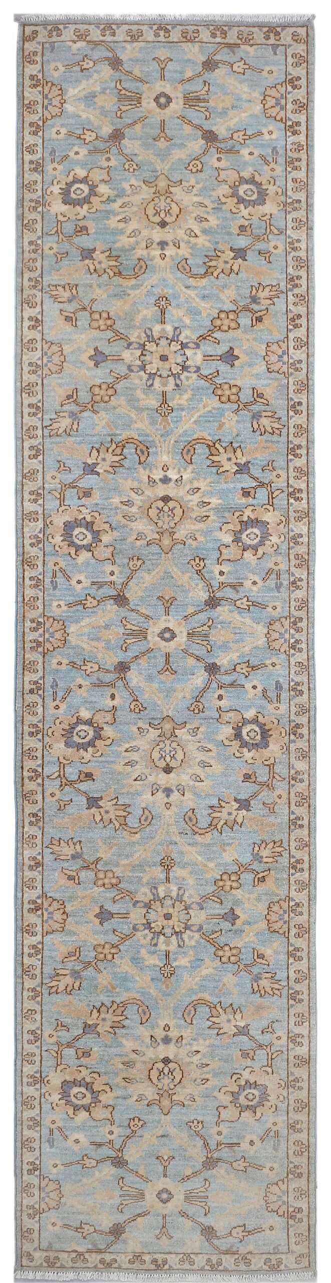 sky blue & beige premium handwoven pure wool chobrang rug, 2ft 8in x 11ft 4in