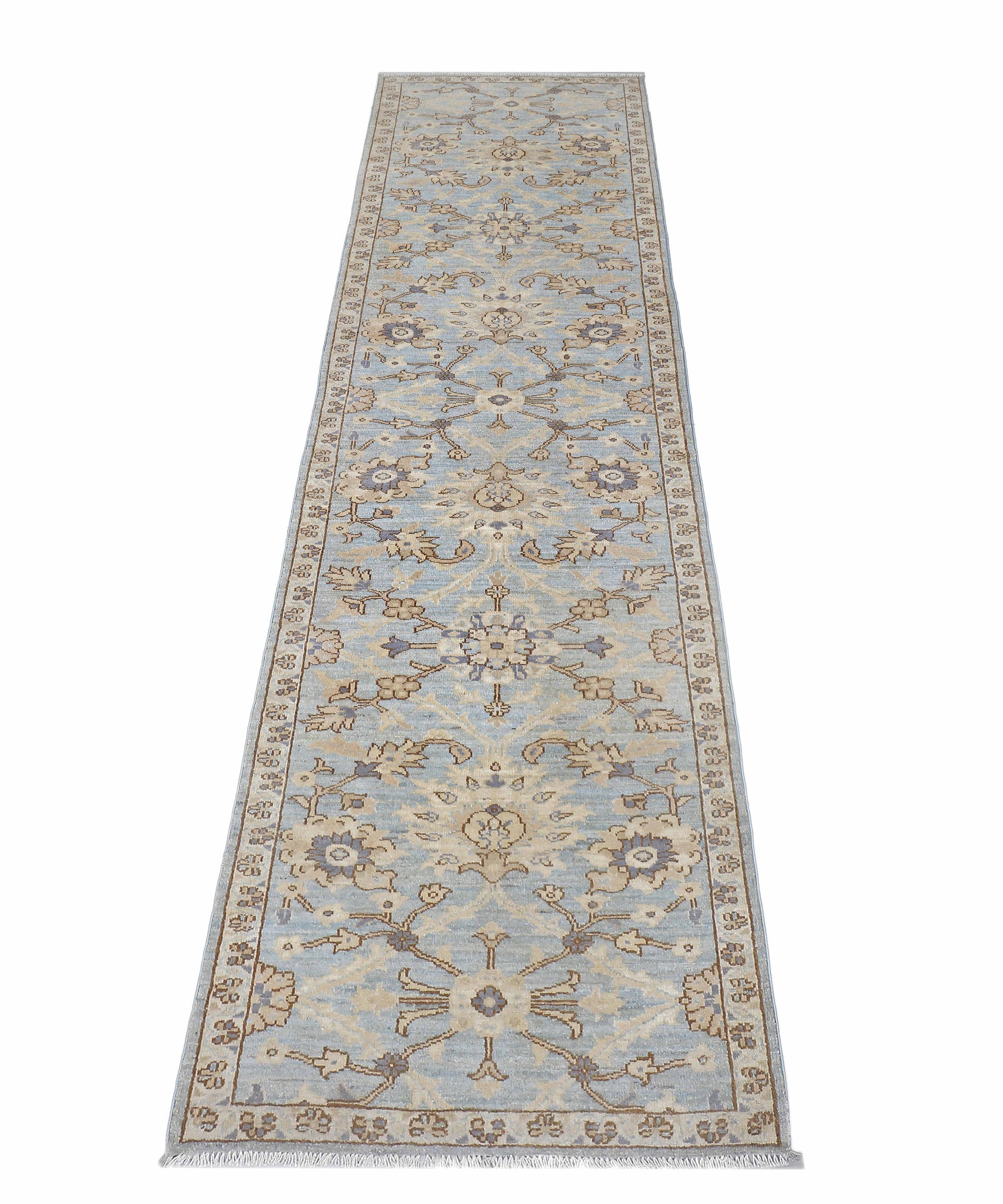 sky blue & beige premium handwoven pure wool chobrang rug, 2ft 8in x 11ft 4in