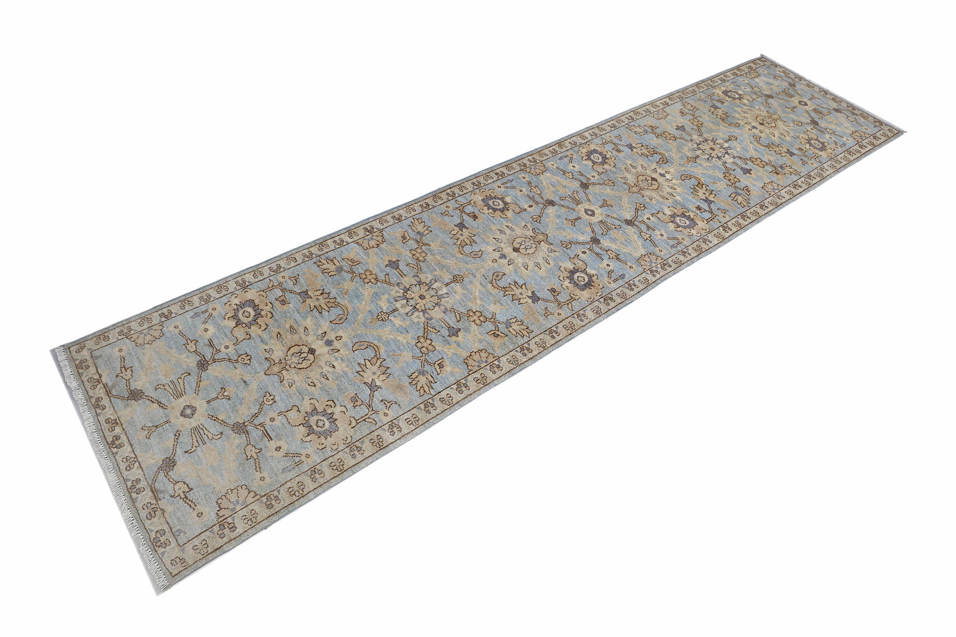 sky blue & beige premium handwoven pure wool chobrang rug, 2ft 8in x 11ft 4in