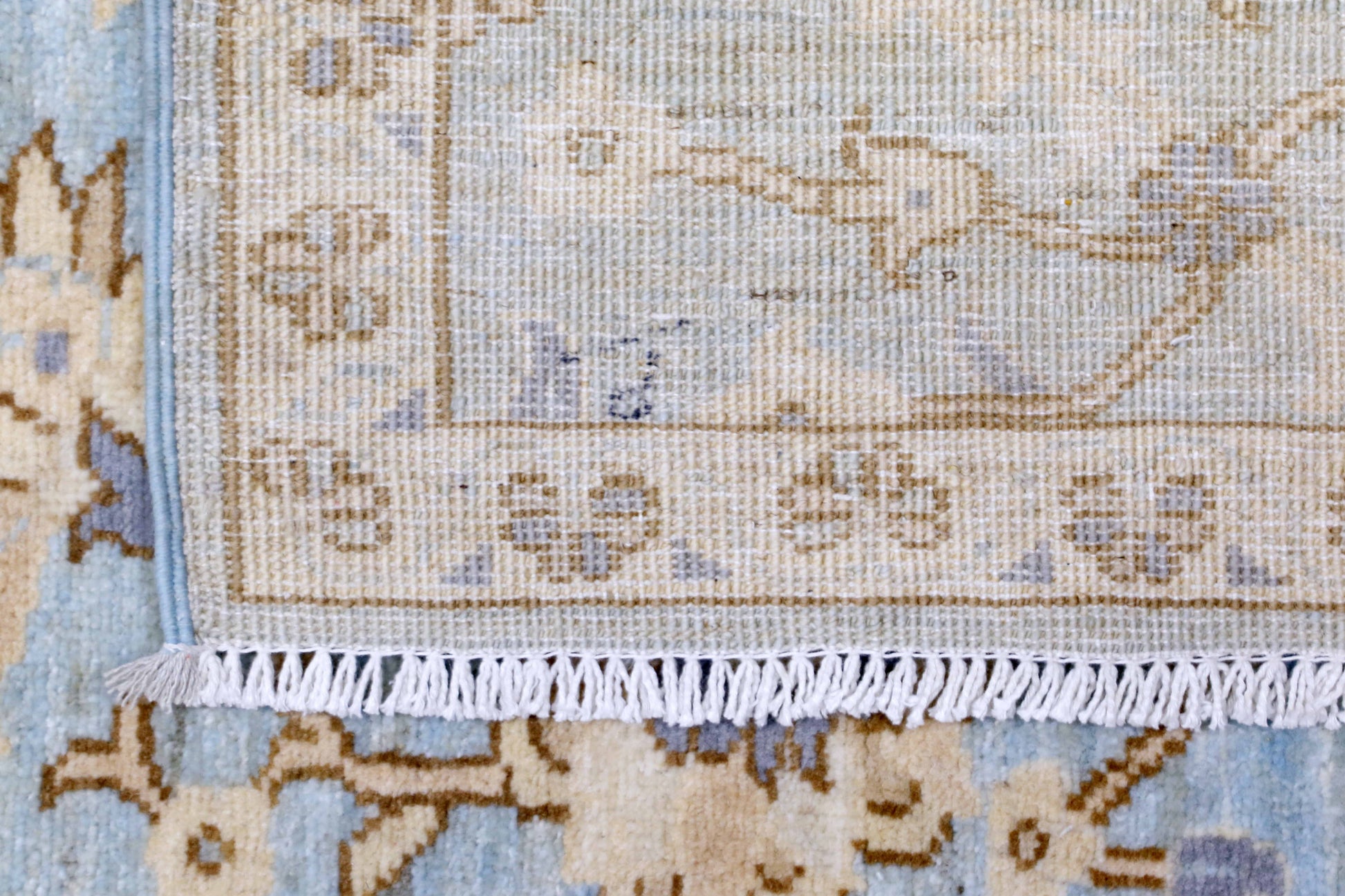 sky blue & beige premium handwoven pure wool chobrang rug, 2ft 8in x 11ft 4in