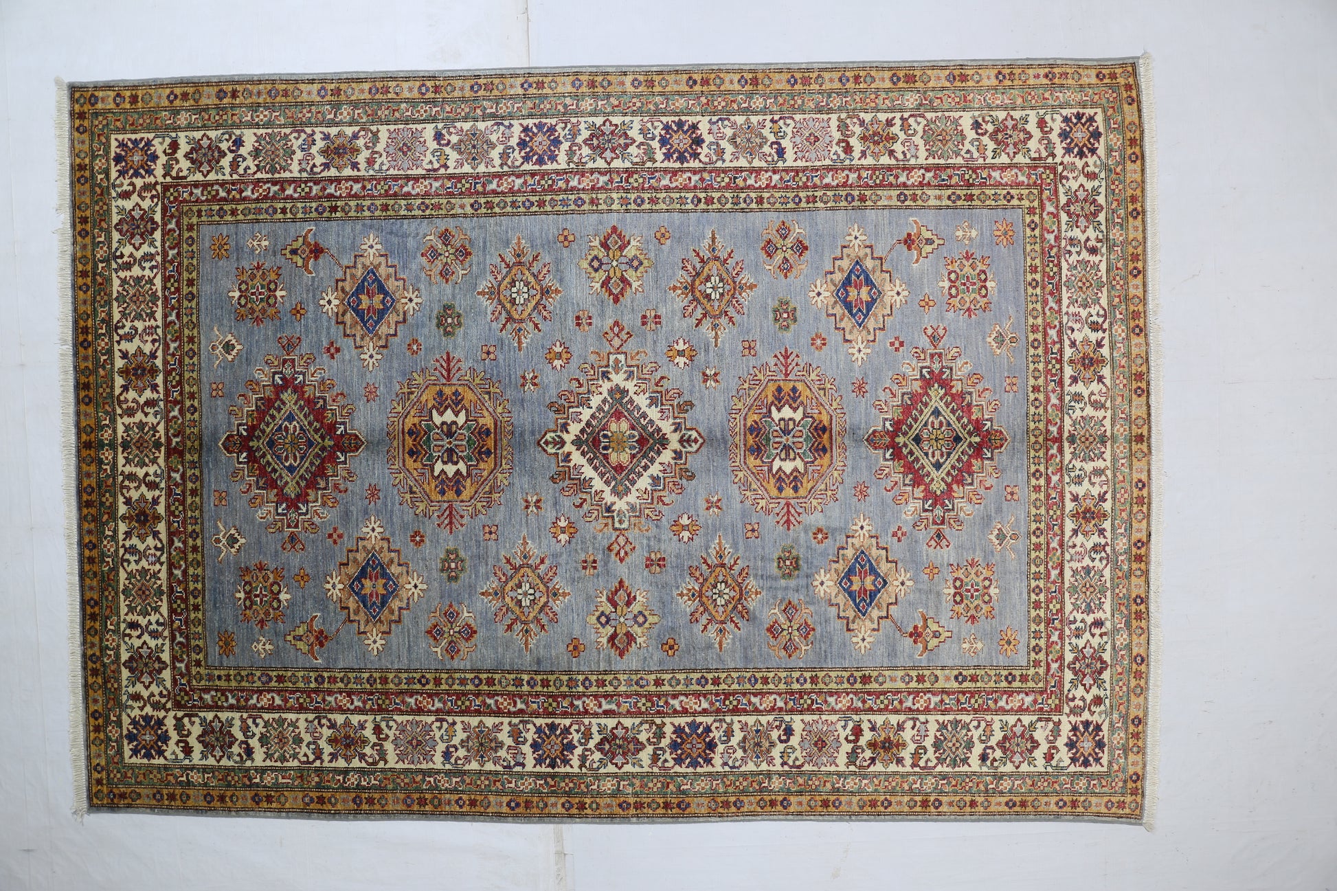 grey & ivory premium handwoven pure wool super kazak rug, 5ft 8in x 8ft 2in