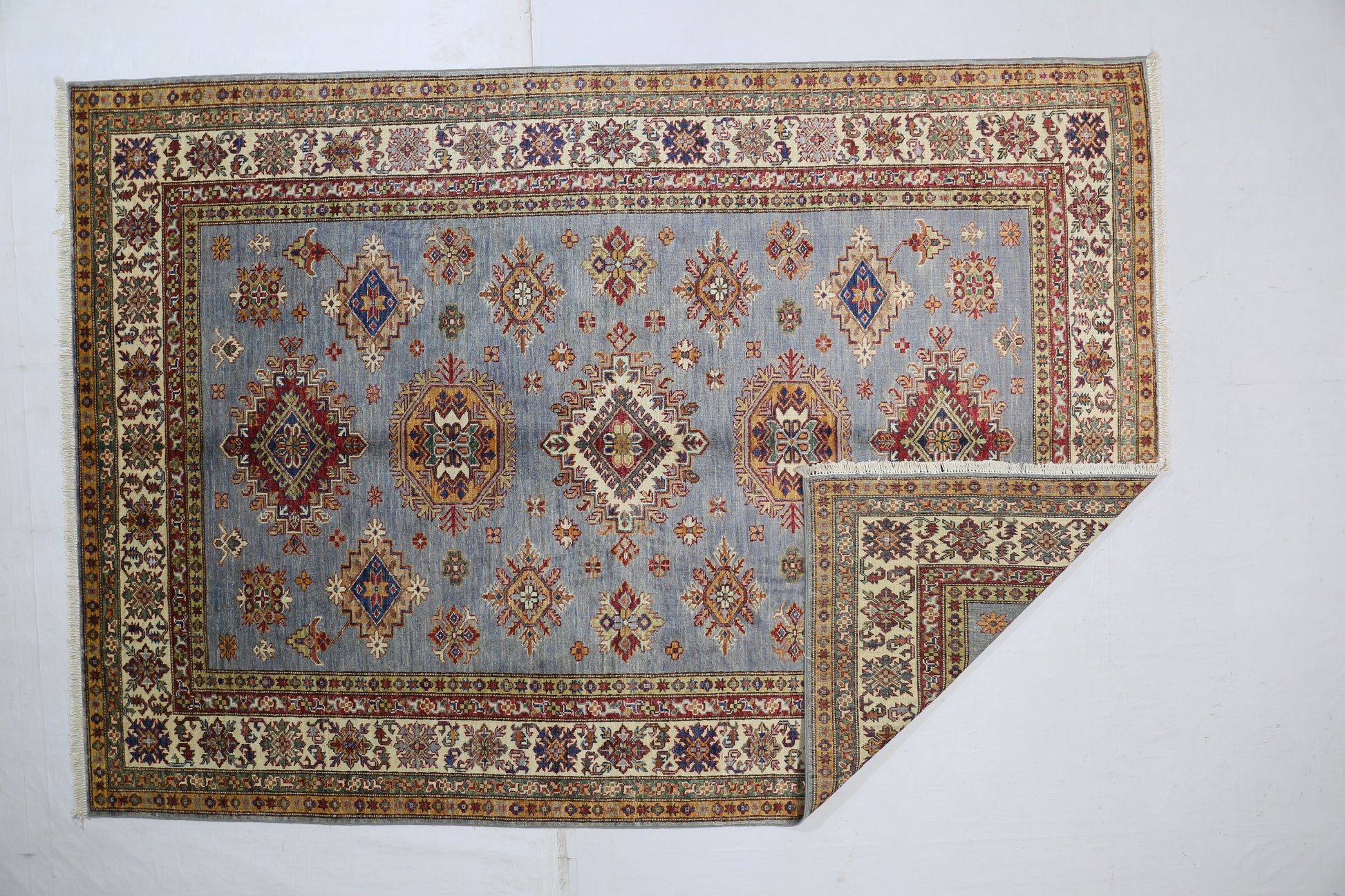 grey & ivory premium handwoven pure wool super kazak rug, 5ft 8in x 8ft 2in