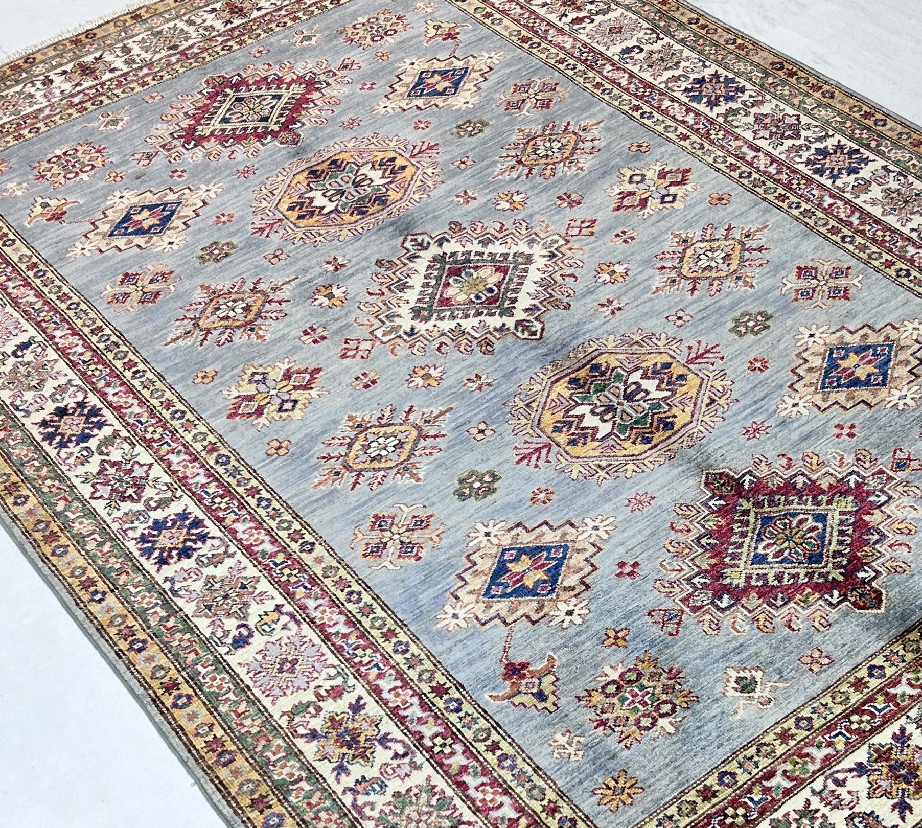 grey & ivory premium handwoven pure wool super kazak rug, 5ft 8in x 8ft 2in