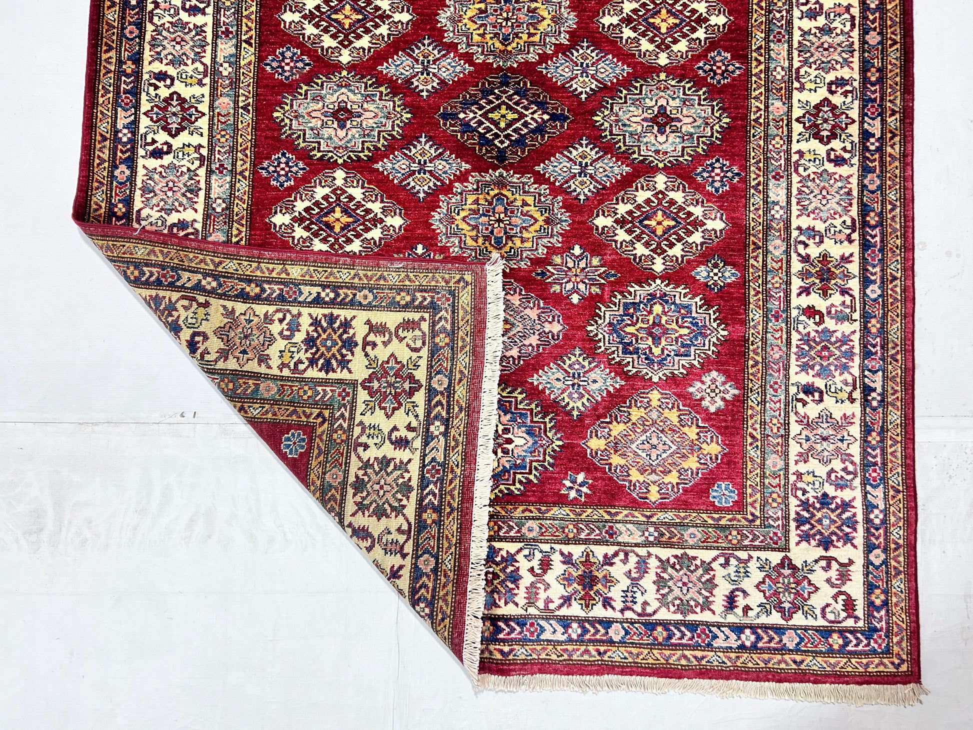 red & ivory premium handwoven pure wool super kazak rug, 5ft 1in x 6ft 7in