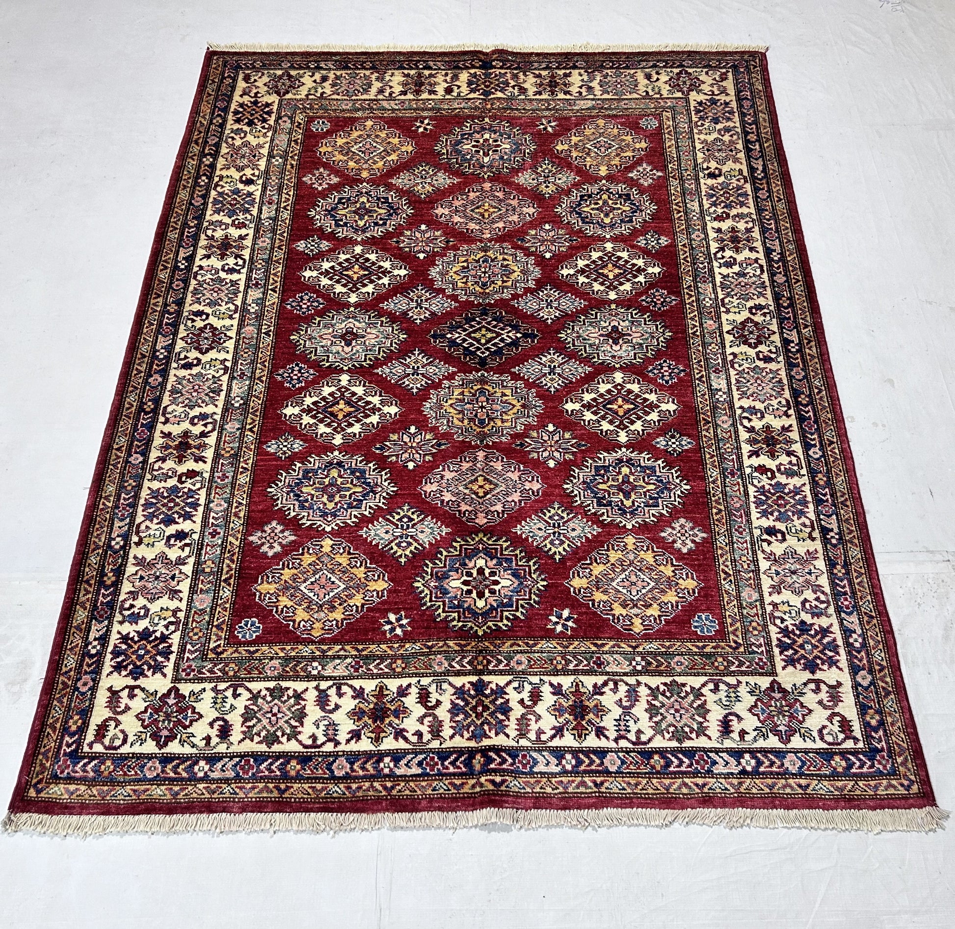 red & ivory premium handwoven pure wool super kazak rug, 5ft 1in x 6ft 7in