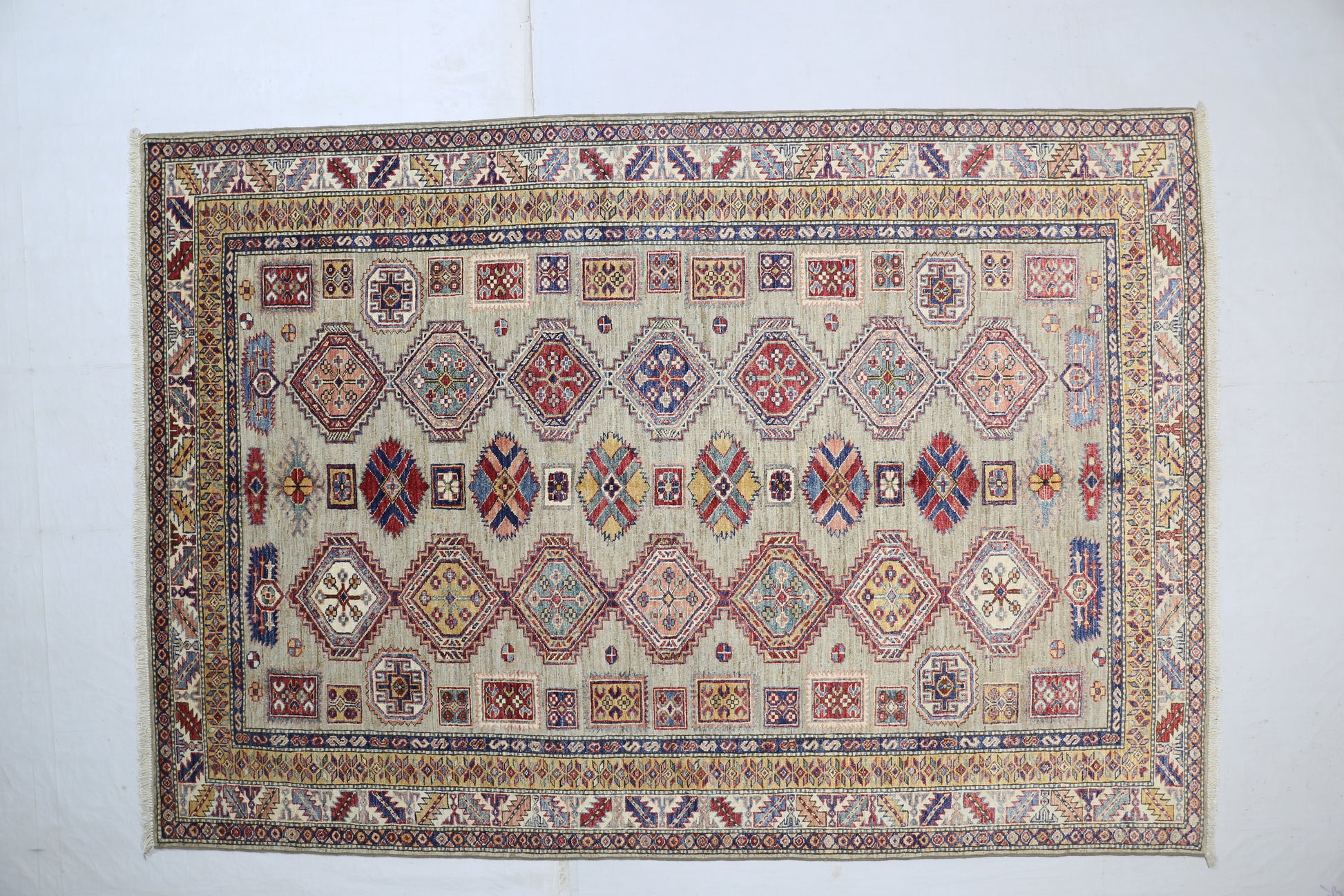 beige & ivory premium handwoven pure wool super kazak rug, 5ft 7in x 8ft 1in
