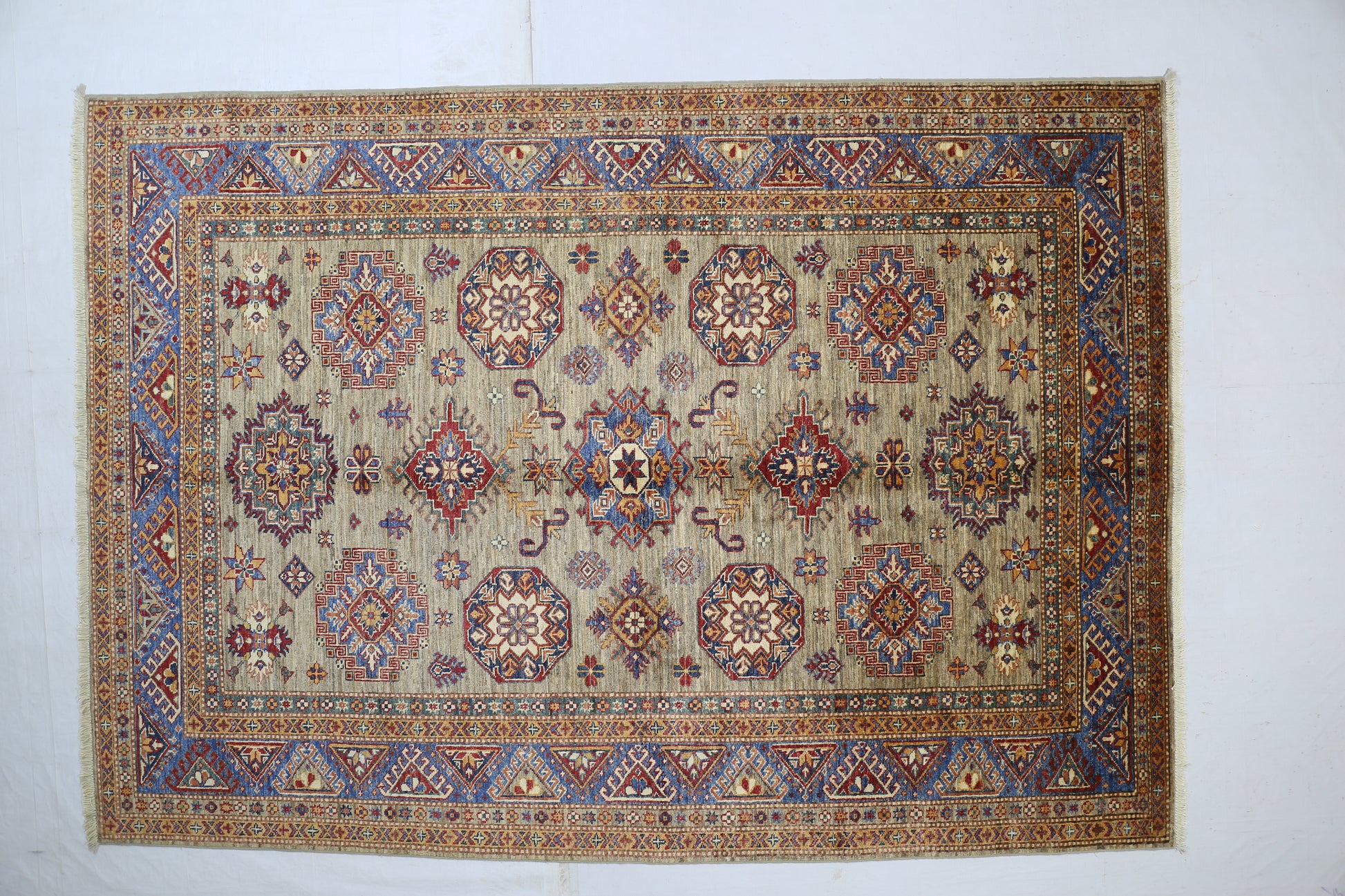 tan & blue premium handwoven pure wool super kazak rug, 5ft 10in x 8ft 3in
