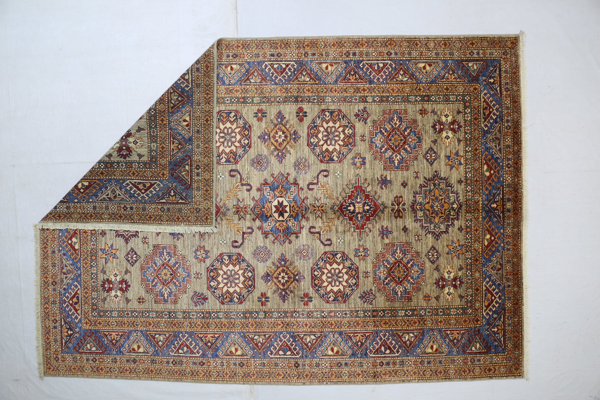tan & blue premium handwoven pure wool super kazak rug, 5ft 10in x 8ft 3in