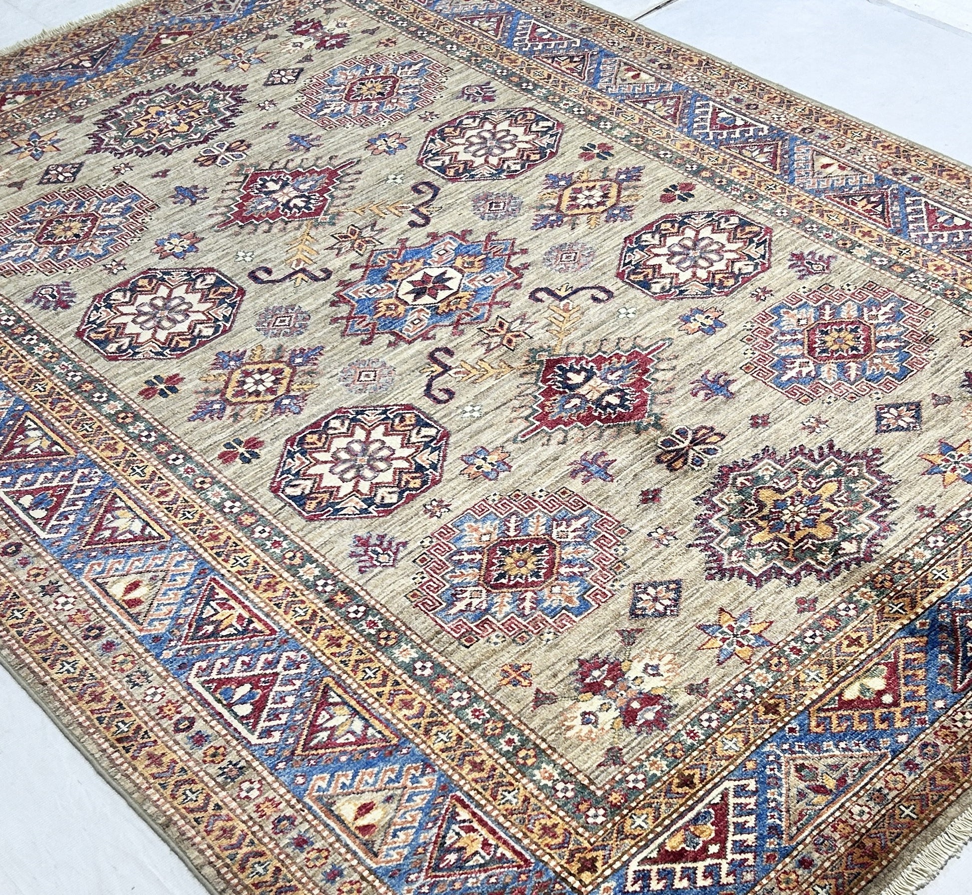 tan & blue premium handwoven pure wool super kazak rug, 5ft 10in x 8ft 3in