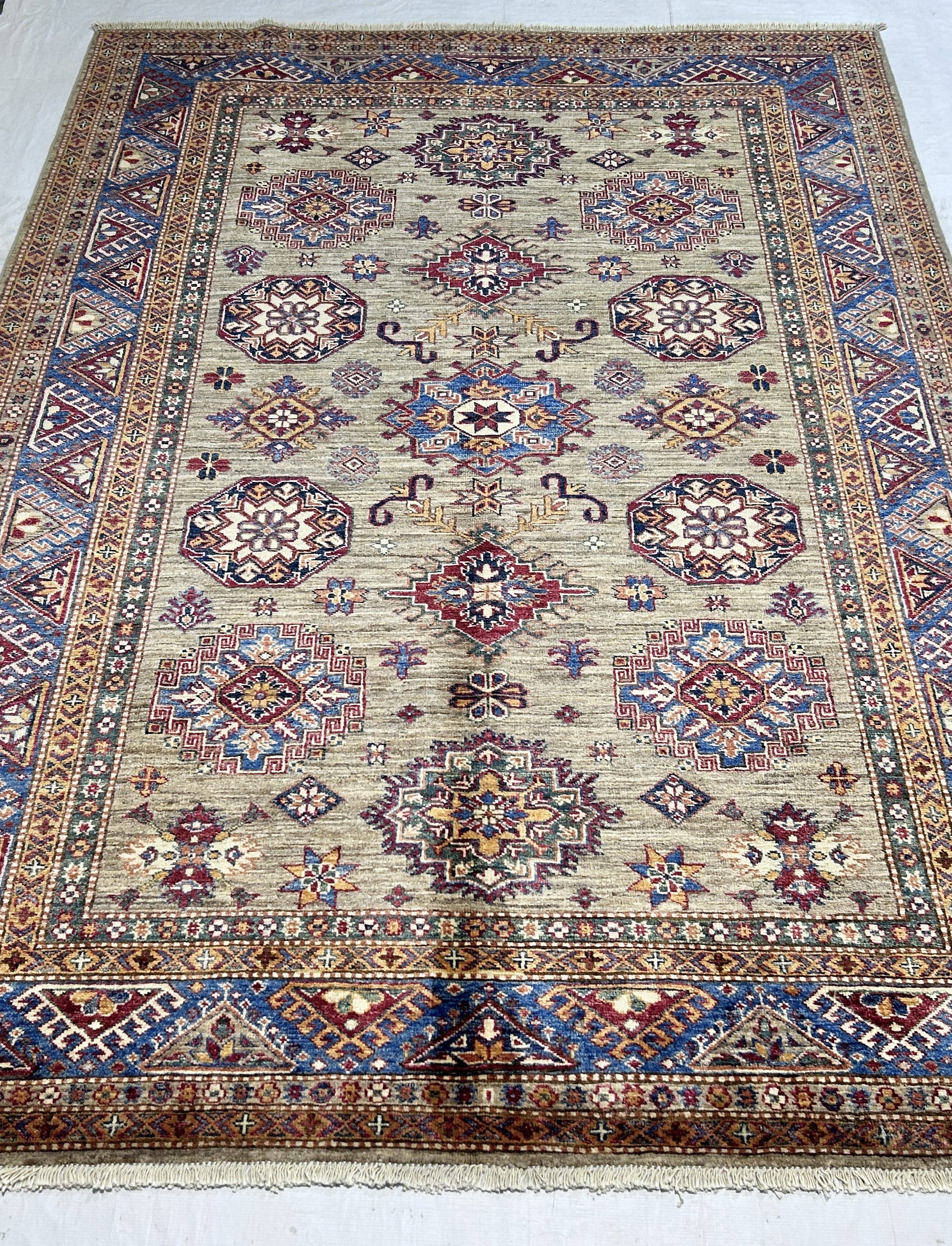 tan & blue premium handwoven pure wool super kazak rug, 5ft 10in x 8ft 3in