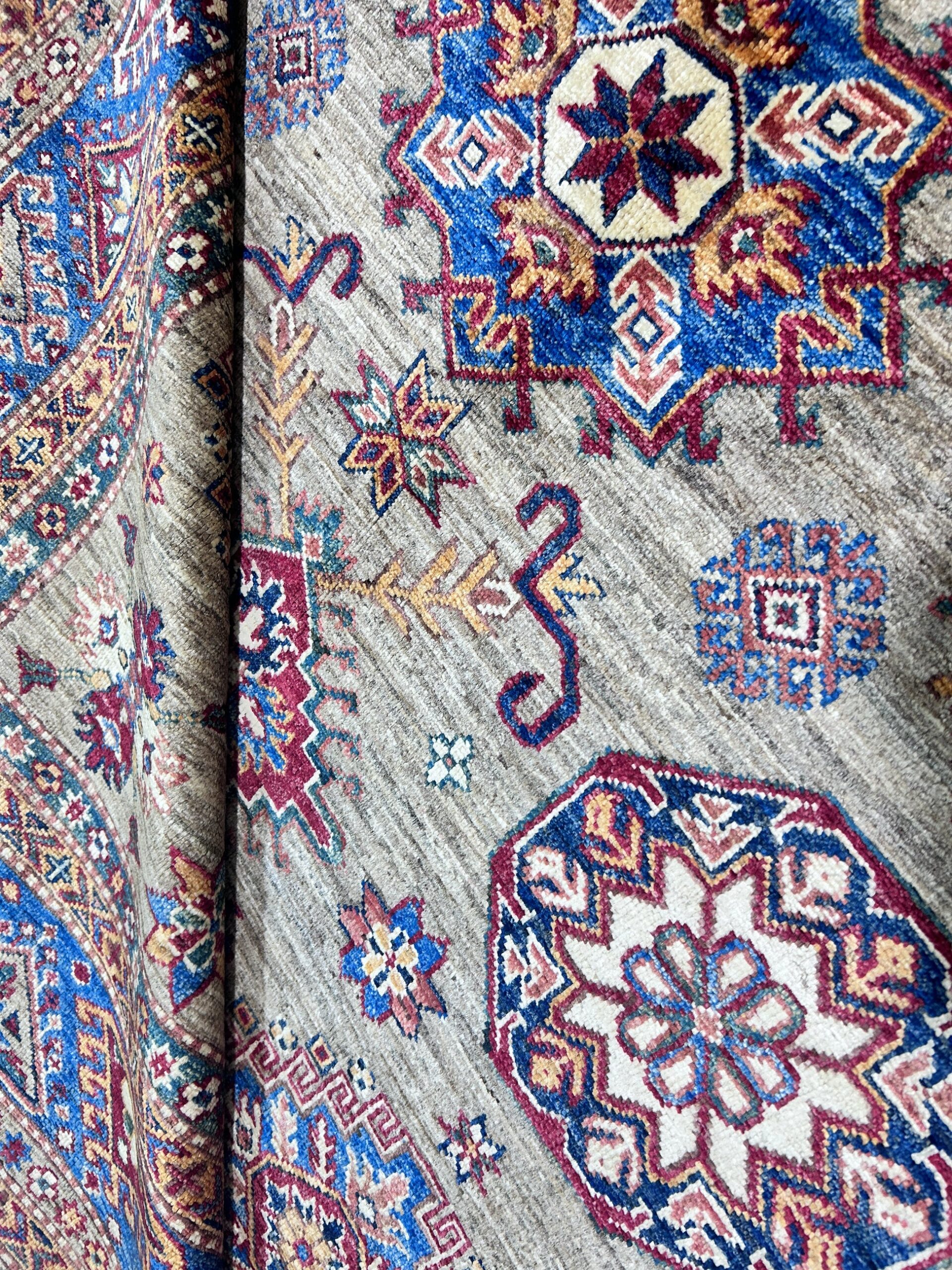 tan & blue premium handwoven pure wool super kazak rug, 5ft 10in x 8ft 3in