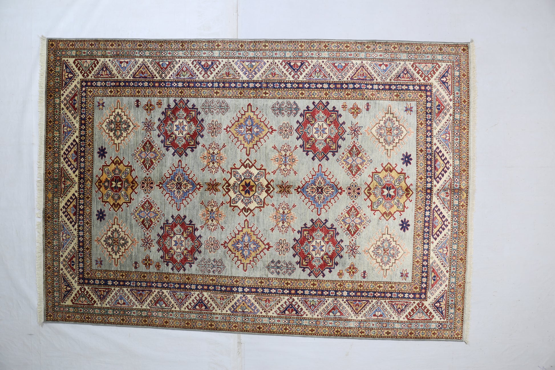silver & ivory premium handwoven pure wool super kazak rug, 5ft 8in x 8ft 3in