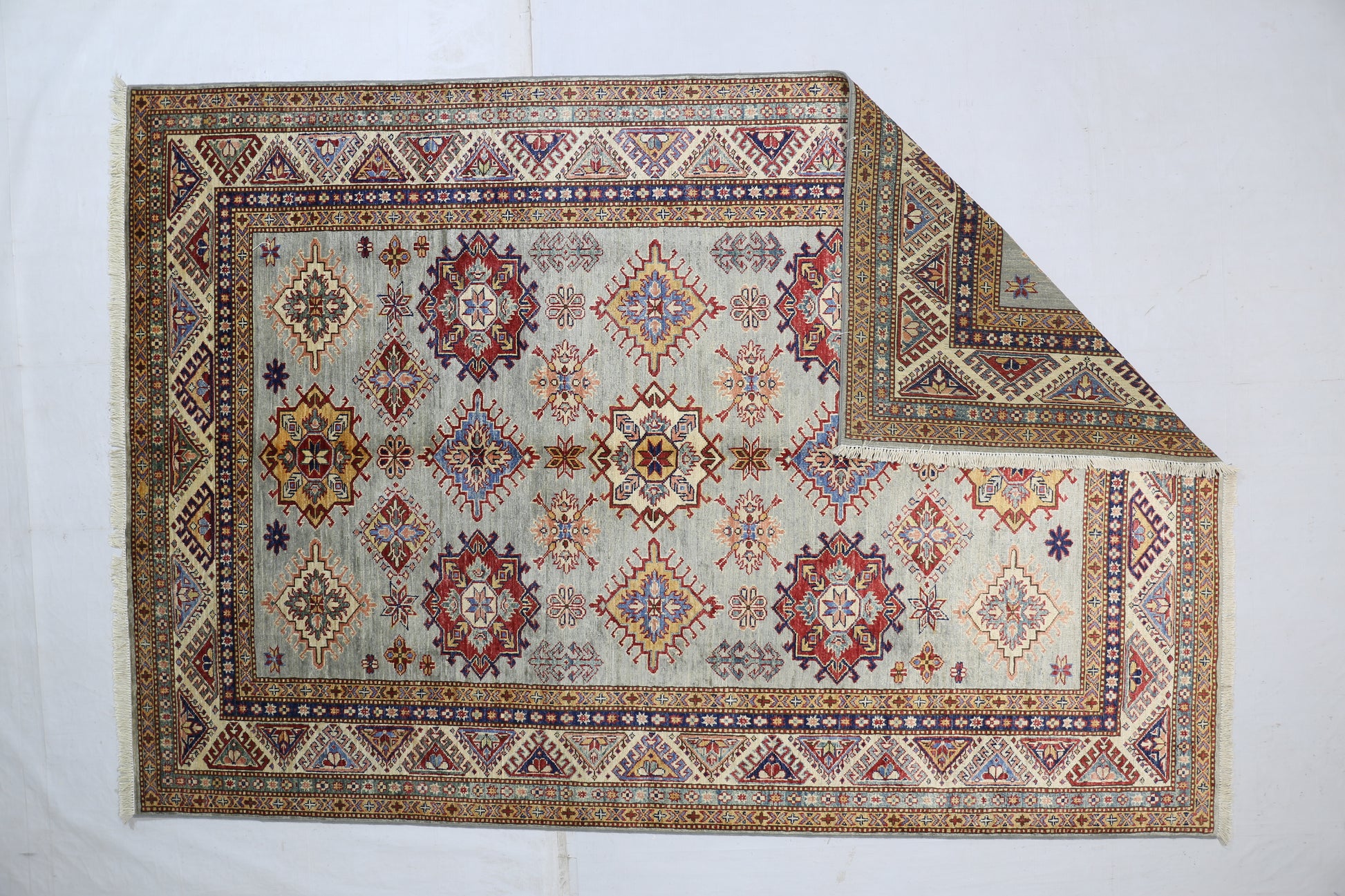 silver & ivory premium handwoven pure wool super kazak rug, 5ft 8in x 8ft 3in