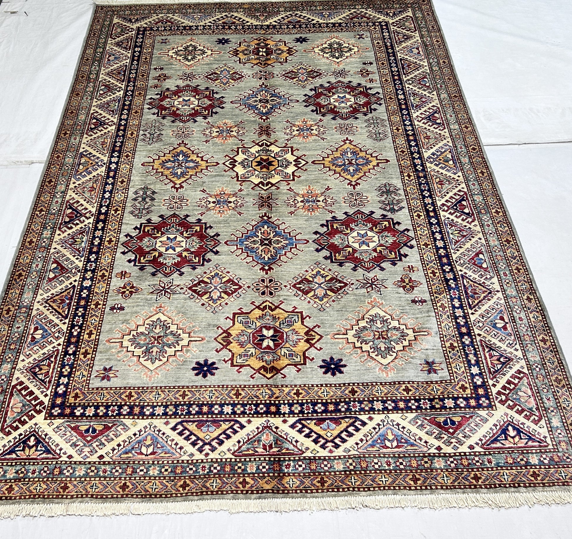 silver & ivory premium handwoven pure wool super kazak rug, 5ft 8in x 8ft 3in