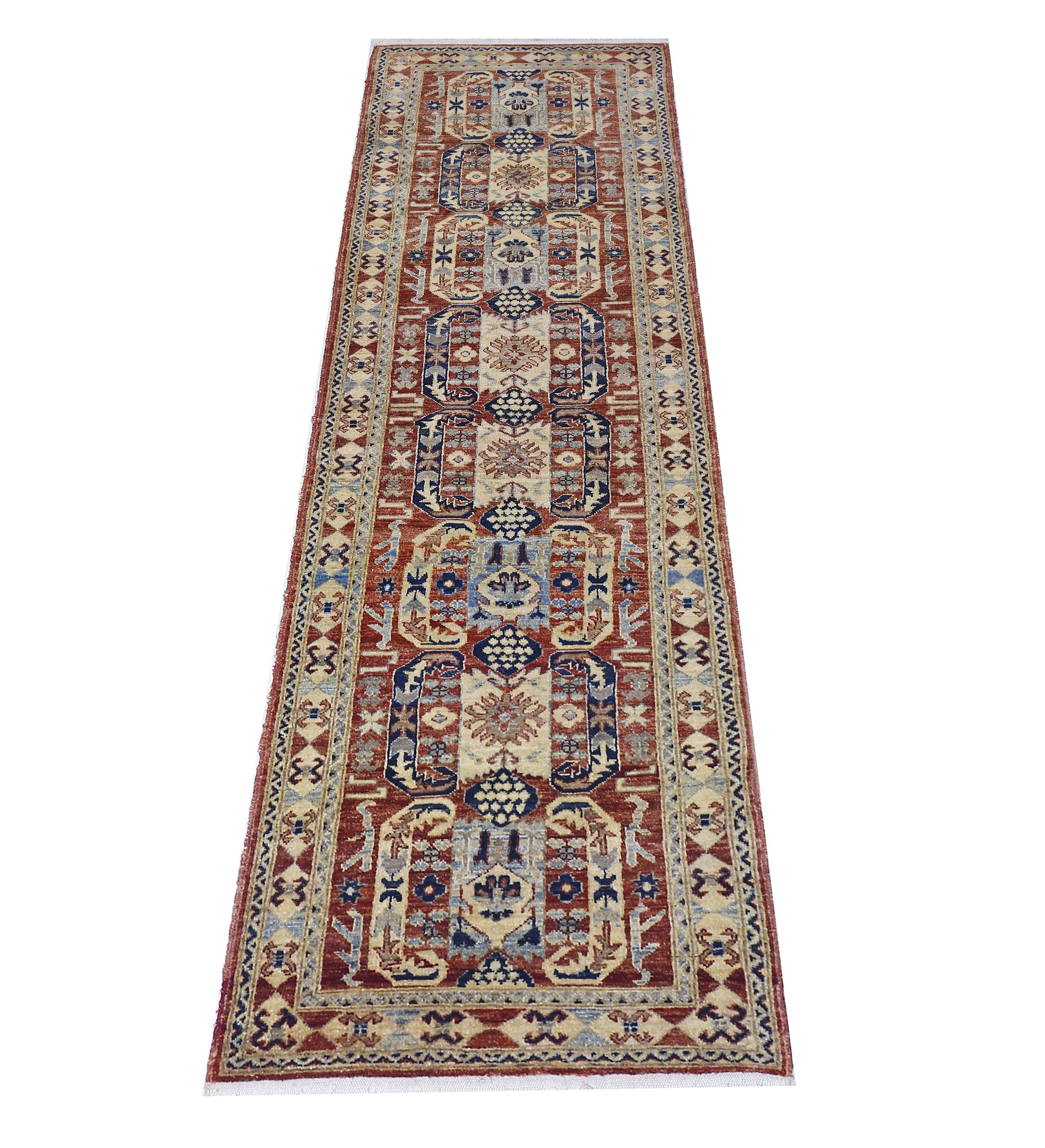 ivory & rust premium handwoven pure wool chobrang rug, 2ft 8in x 9ft 9in