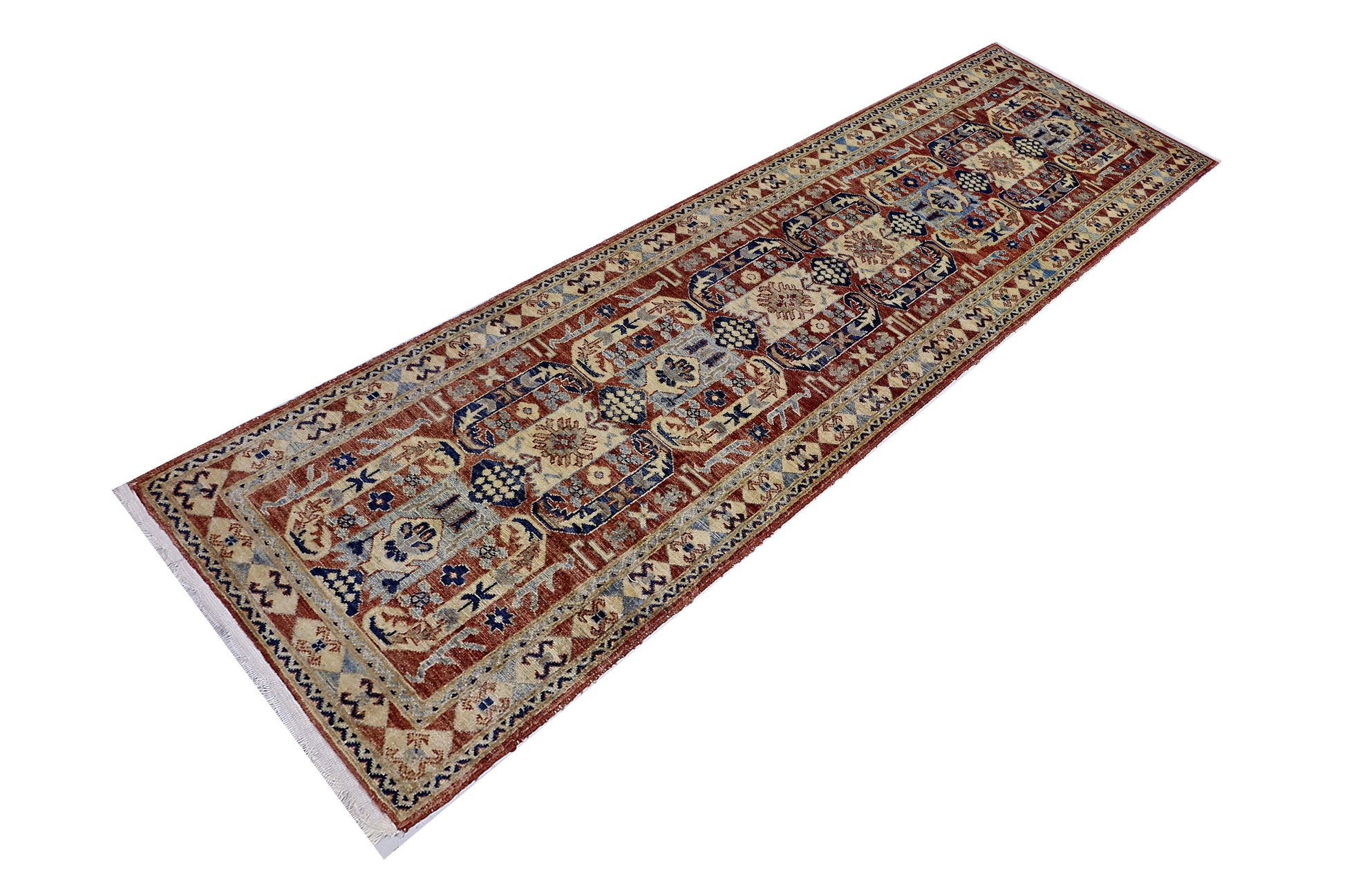 ivory & rust premium handwoven pure wool chobrang rug, 2ft 8in x 9ft 9in