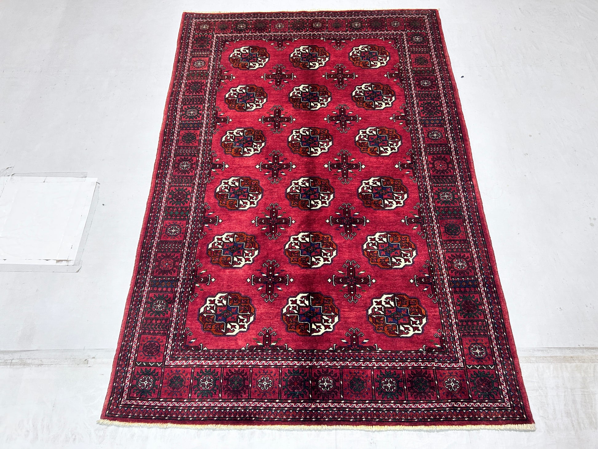 red & ivory premium handwoven pure wool bokhara rug, 4ft 0in x 5ft 11in